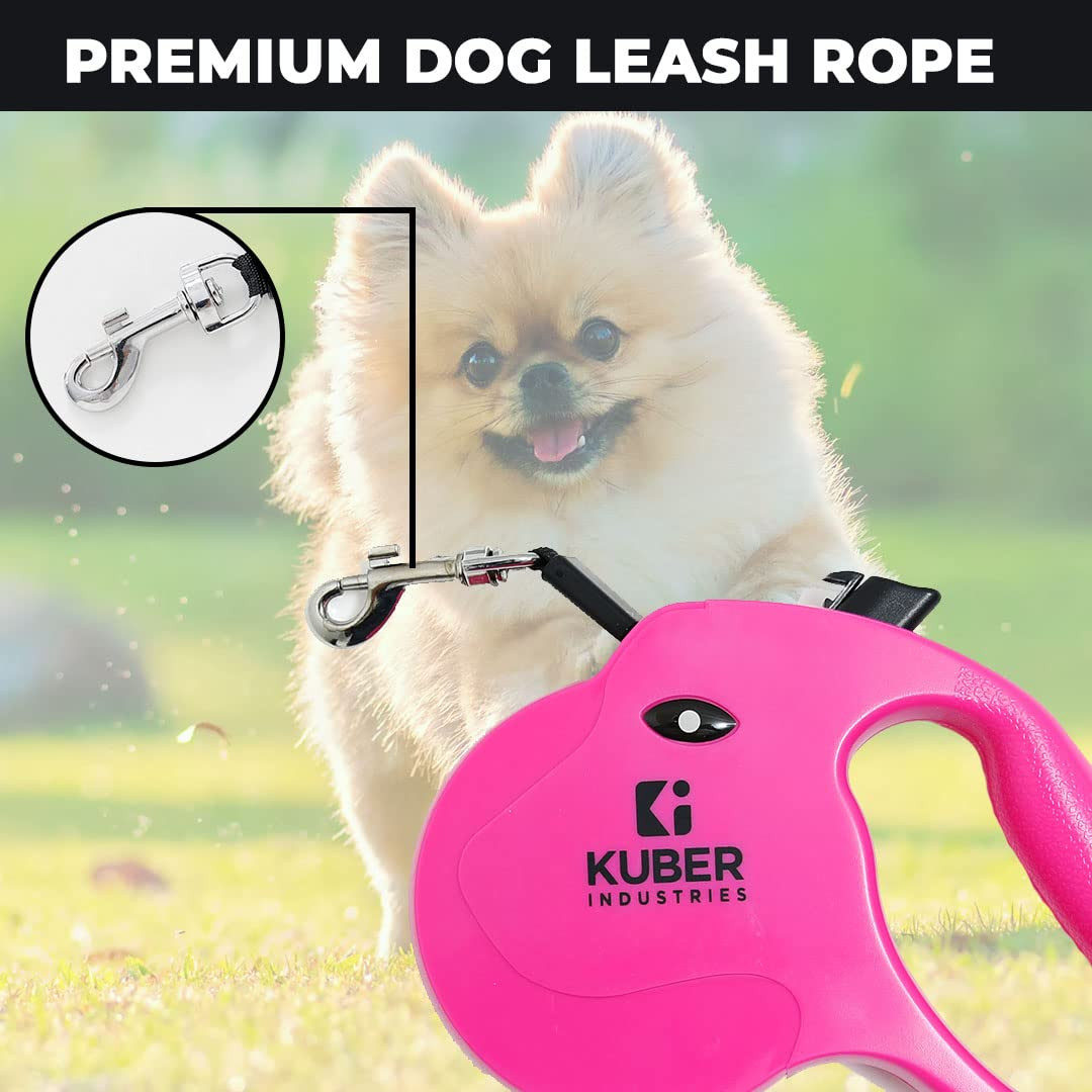 Kuber Industries Retractable Dog for Walking Jogging Training Leash for Small & Medium Dogs with Polyester Tape with Hand Grip and One Button Brake & Lock - Rose Red