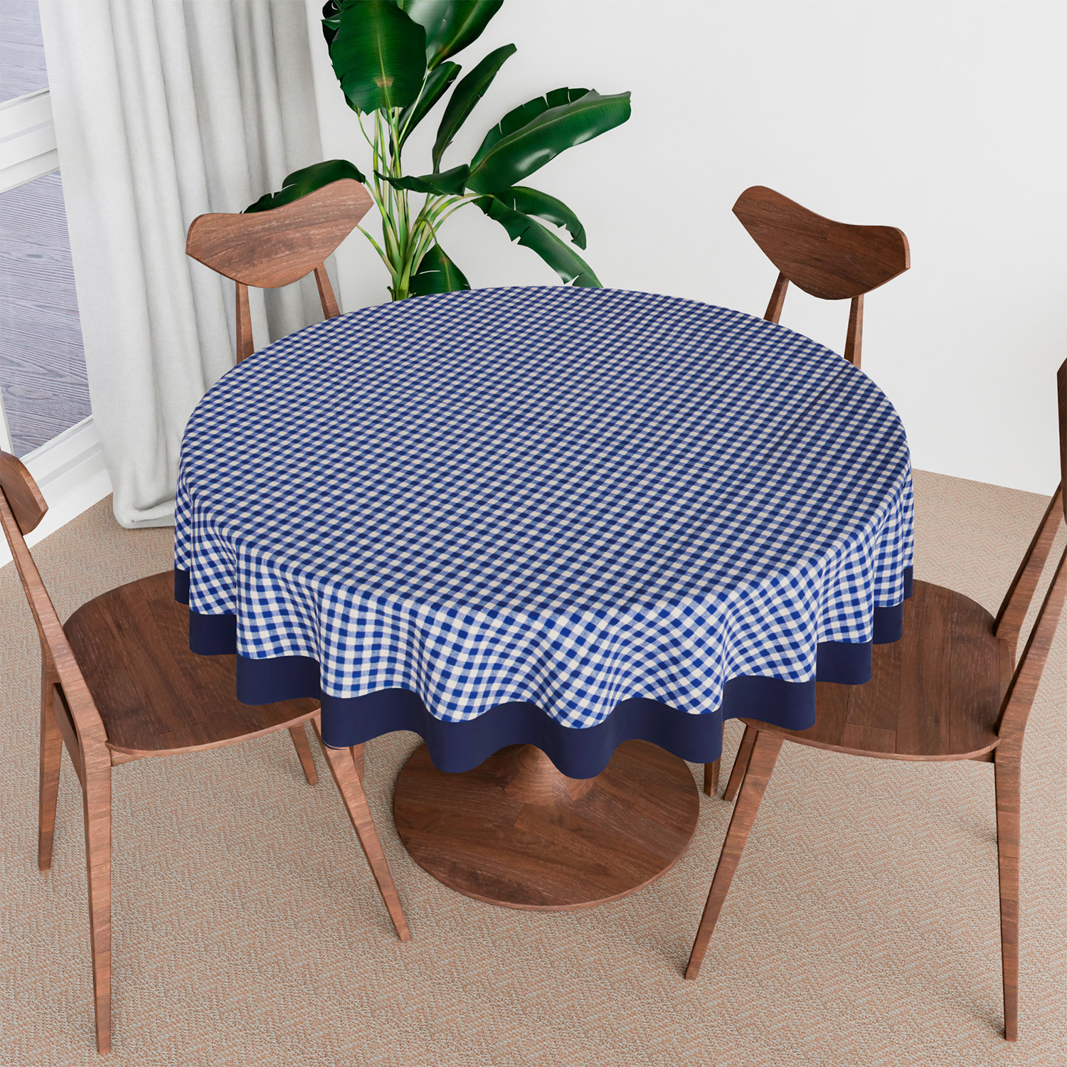 Kuber Industries Round Table Cover | Cotton Table Cloth for Round Tables | 4 Seater Round Table Cloth | Barik Check Kitchen Dining Tablecloth | Tabletop Cover | 60 Inch | Blue