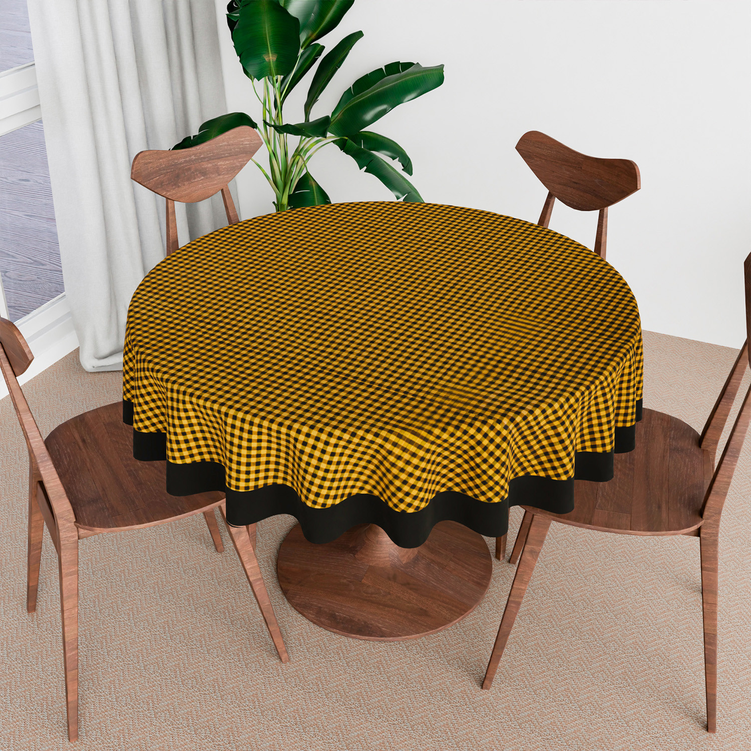 Kuber Industries Round Table Cover | Cotton Table Cloth for Round Tables | 4 Seater Round Table Cloth | Barik Check Kitchen Dining Tablecloth | Tabletop Cover | 60 Inch | Yellow