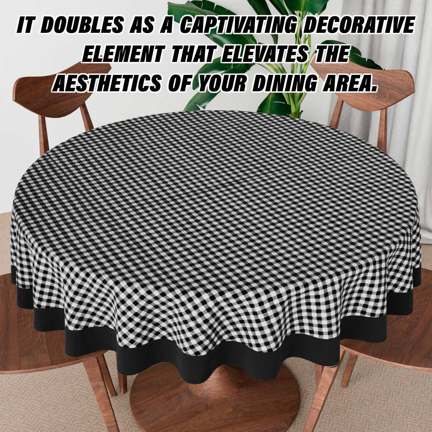 Kuber Industries Round Table Cover | Cotton Table Cloth for Round Tables | 4 Seater Round Table Cloth | Barik Check Kitchen Dining Tablecloth | Tabletop Cover | 60 Inch | Black