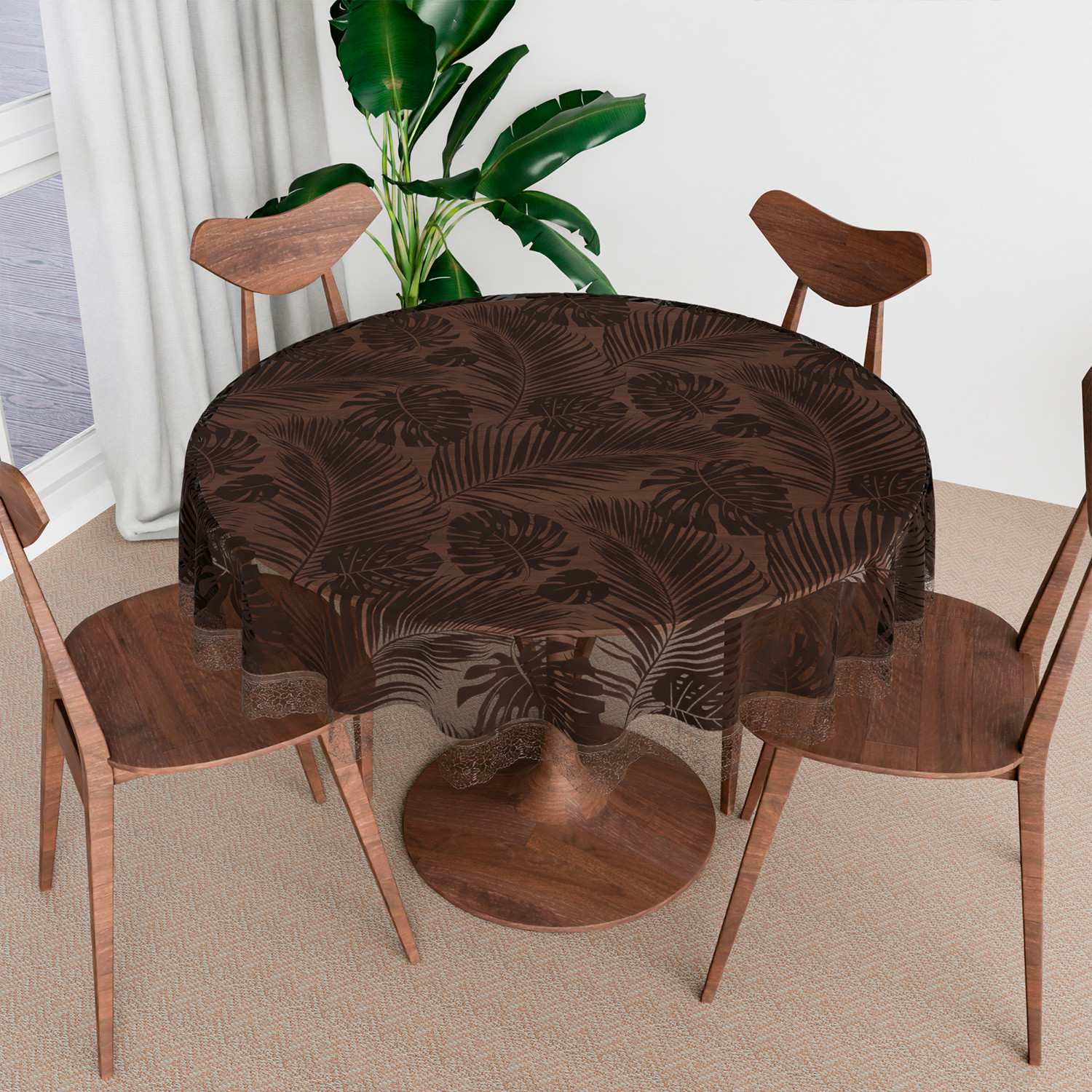 Kuber Industries Round Table Cover | PVC Table Cloth for Round Tables | 4 Seater Round Table Cloth | 3D Leaf Kitchen Dining Tablecloth | Tabletop Cover | 60 Inch | Brown