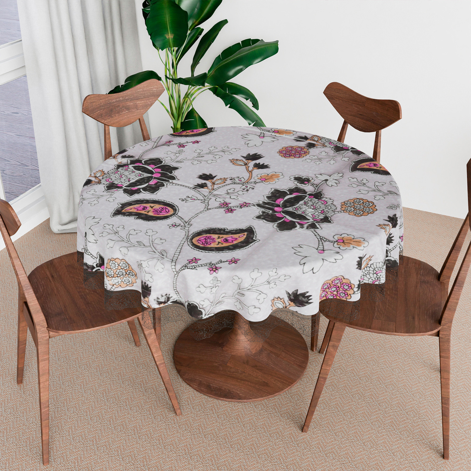 Kuber Industries Round Table Cover | PVC Table Cloth for Round Tables | 4 Seater Round Table Cloth | 3D Gulab Kitchen Dining Tablecloth | Tabletop Cover | 60 Inch | Black