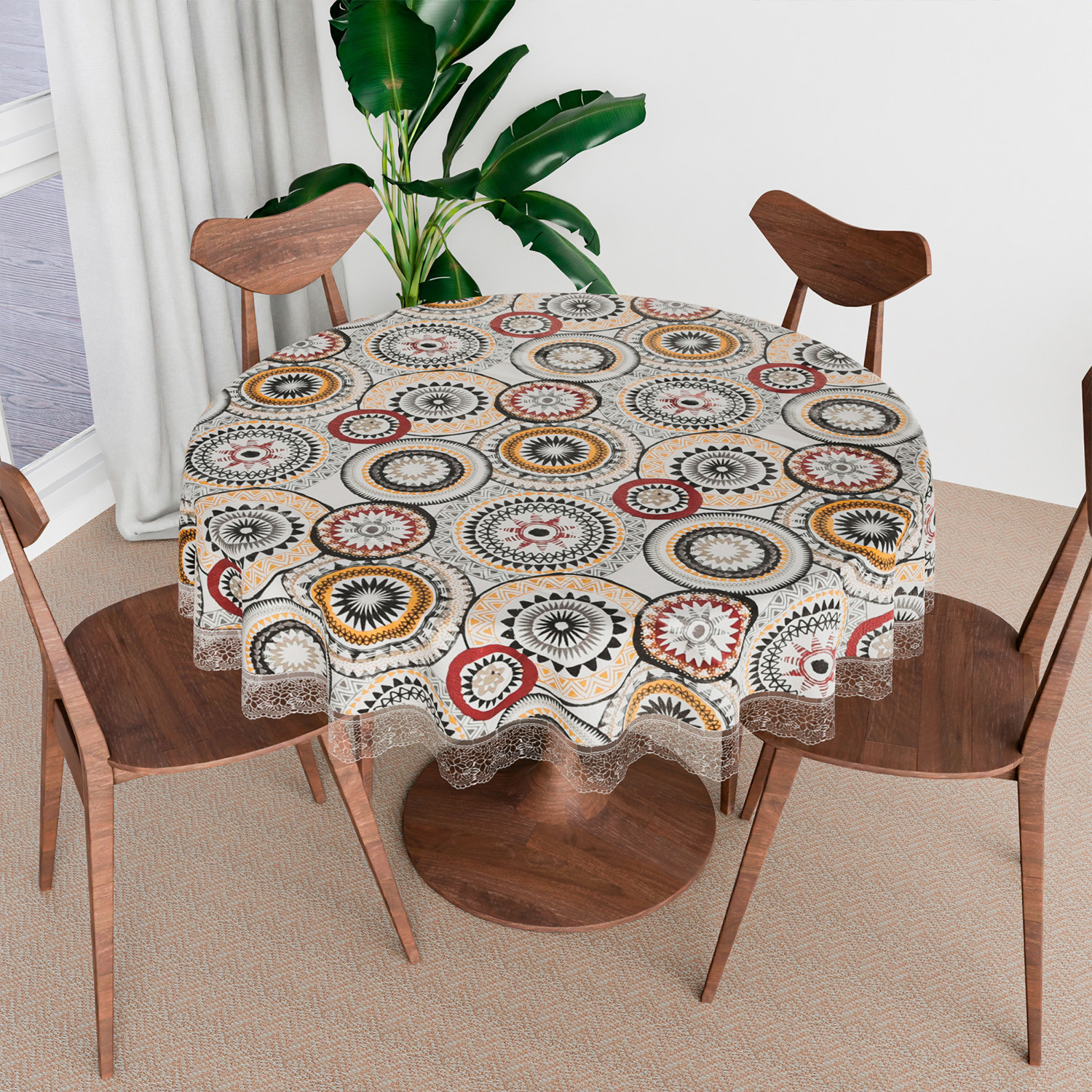 Kuber Industries Round Table Cover | PVC Table Cloth for Round Tables | 4 Seater Round Table Cloth | Rangoli Kitchen Dining Tablecloth | Tabletop Cover | 60 Inch | White