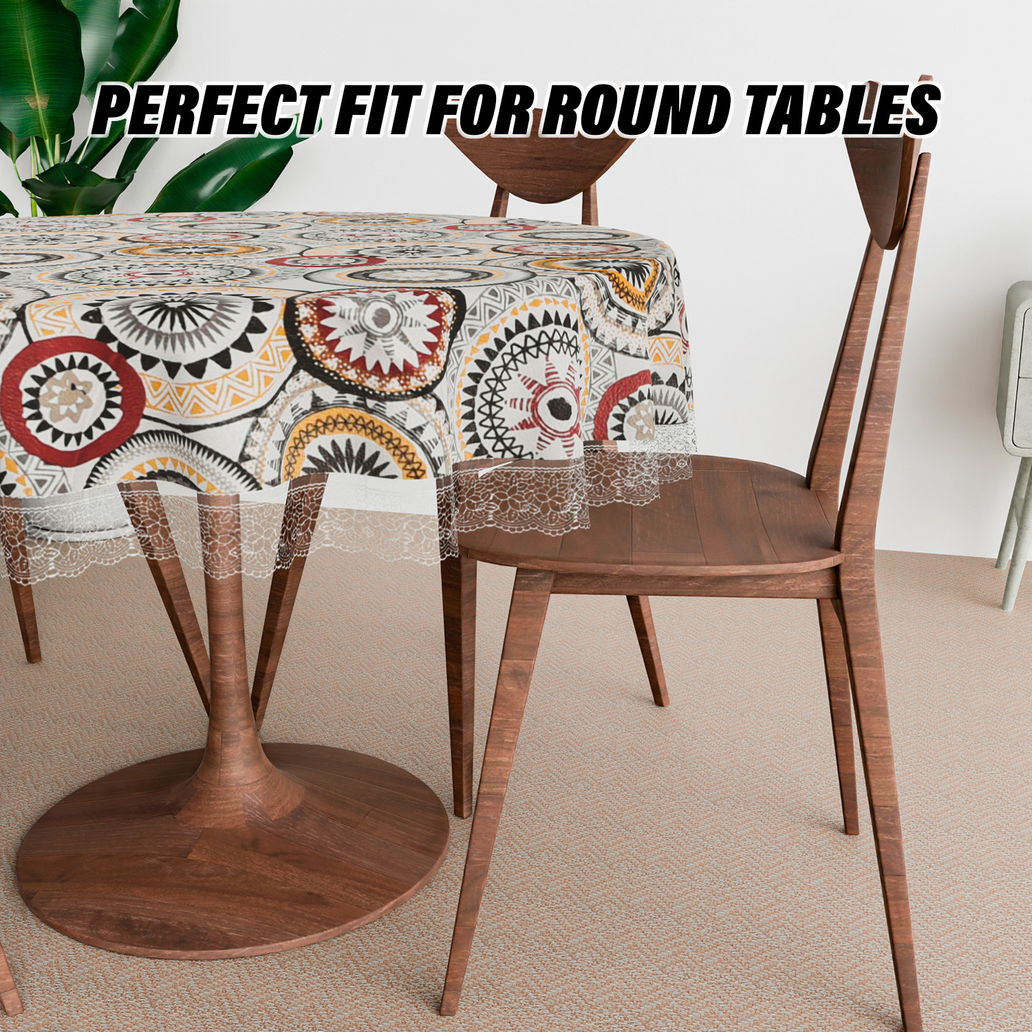 Kuber Industries Round Table Cover | PVC Table Cloth for Round Tables | 4 Seater Round Table Cloth | Rangoli Kitchen Dining Tablecloth | Tabletop Cover | 60 Inch | White