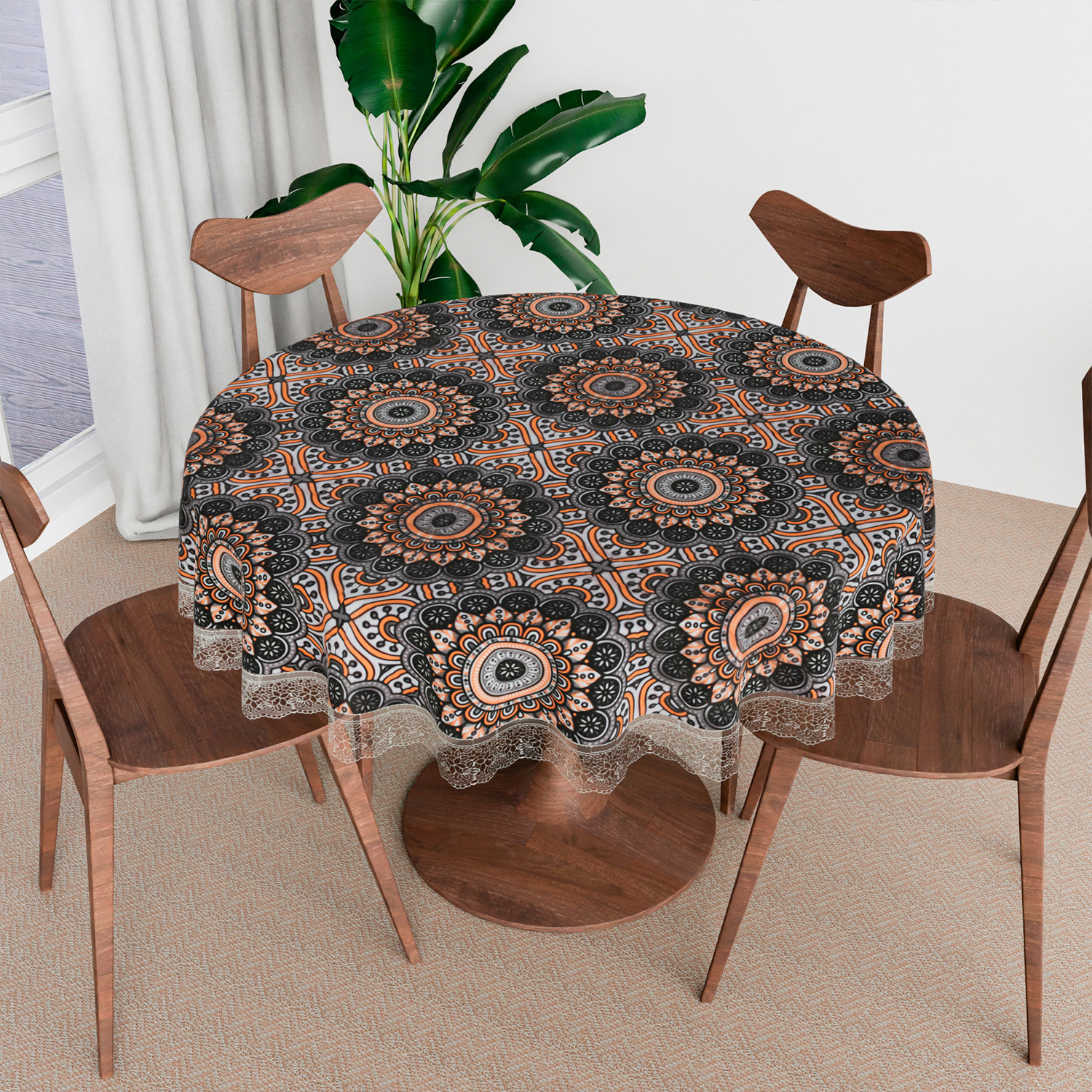 Kuber Industries Round Table Cover | PVC Table Cloth for Round Tables | 4 Seater Round Table Cloth | Rangoli Kitchen Dining Tablecloth | Tabletop Cover | 60 Inch | Black