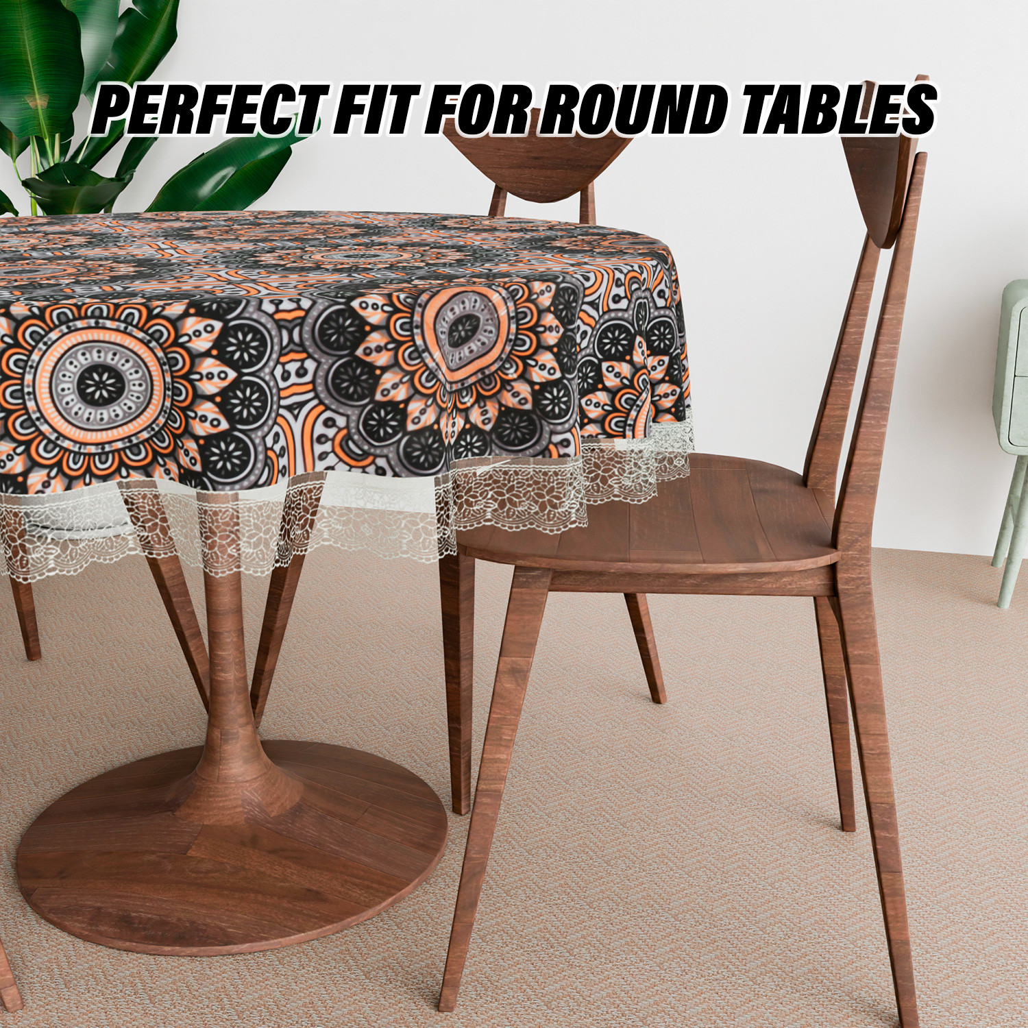 Kuber Industries Round Table Cover | PVC Table Cloth for Round Tables | 4 Seater Round Table Cloth | Rangoli Kitchen Dining Tablecloth | Tabletop Cover | 60 Inch | Black