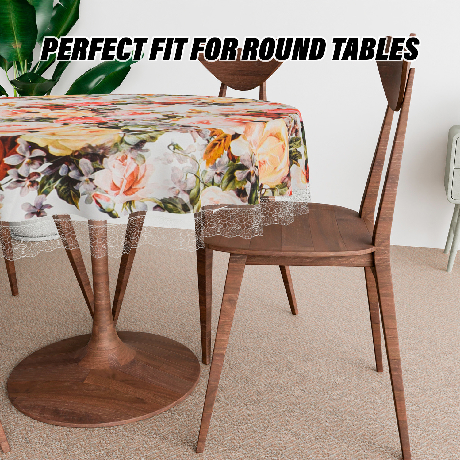 Kuber Industries Round Table Cover | PVC Table Cloth for Round Tables | 4 Seater Round Table Cloth | Rose Kitchen Dining Tablecloth | Tabletop Cover | 60 Inch | White