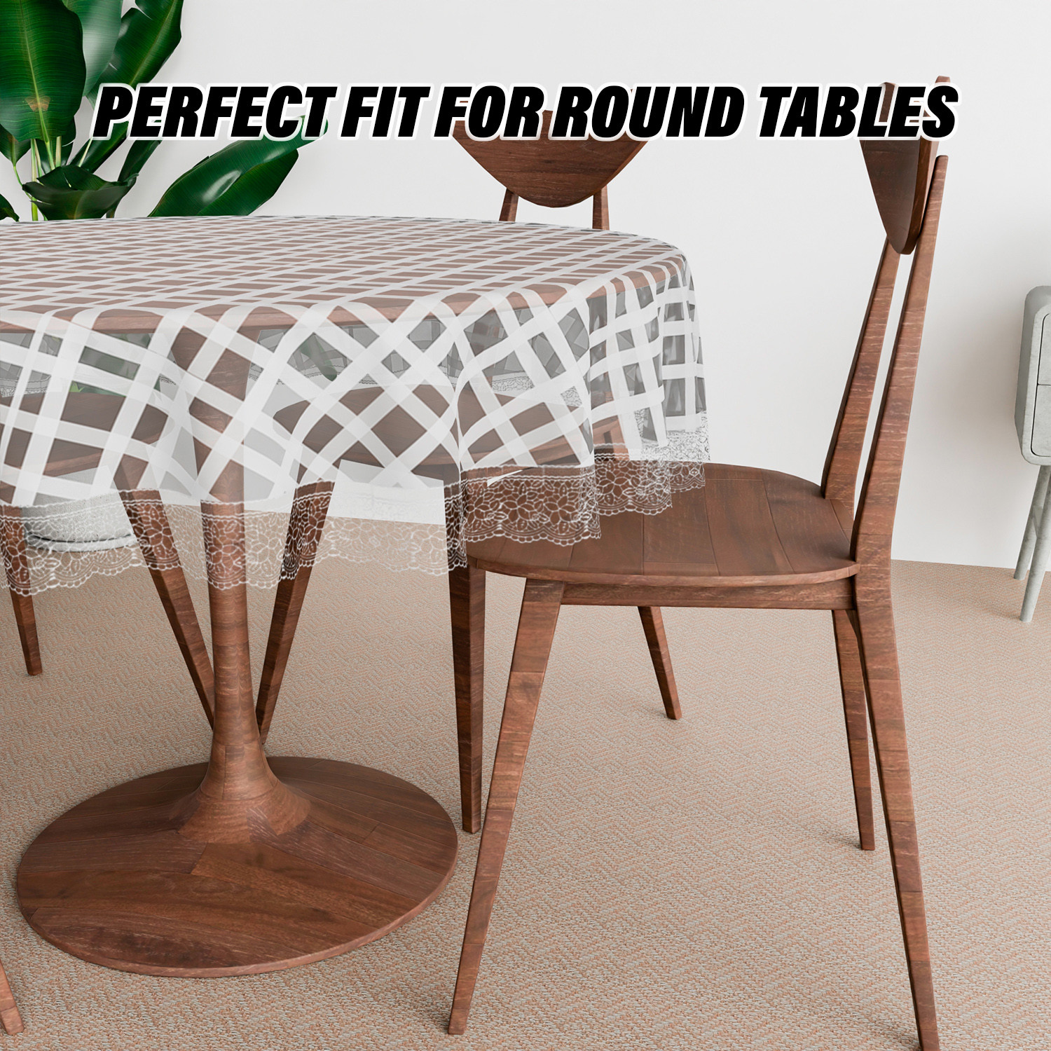 Kuber Industries Round Table Cover | PVC Table Cloth for Round Tables | 4 Seater Round Table Cloth | Self Check Kitchen Dining Tablecloth | Tabletop Cover | 60 Inch | White