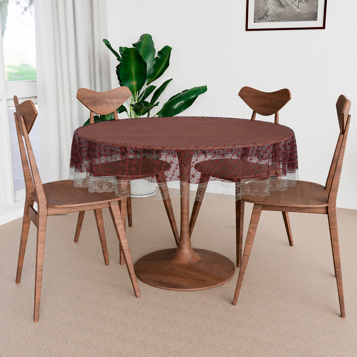 Kuber Industries Round Table Cover | PVC Table Cloth for Round Tables | 4 Seater Round Table Cloth | Self Star Kitchen Dining Tablecloth | Tabletop Cover | 60 Inch | Brown