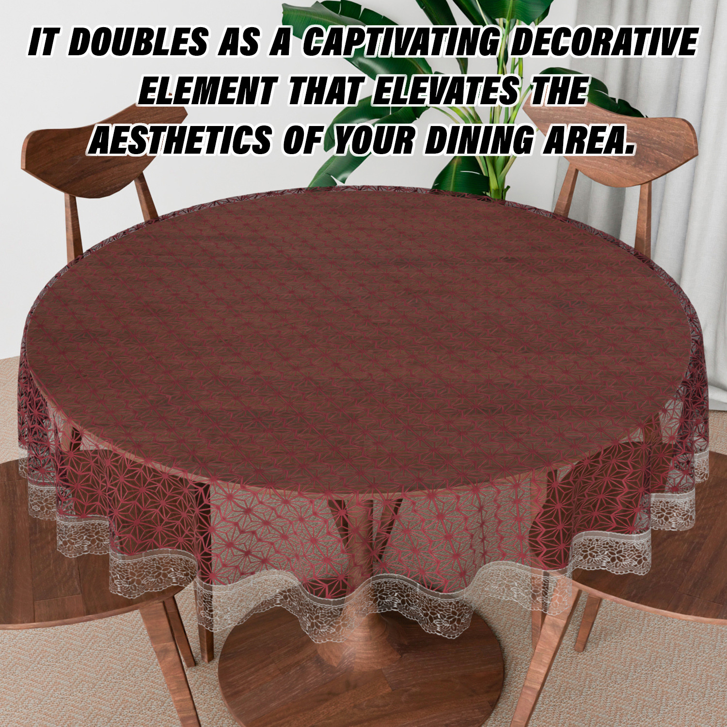 Kuber Industries Round Table Cover | PVC Table Cloth for Round Tables | 4 Seater Round Table Cloth | Self Star Kitchen Dining Tablecloth | Tabletop Cover | 60 Inch | Brown