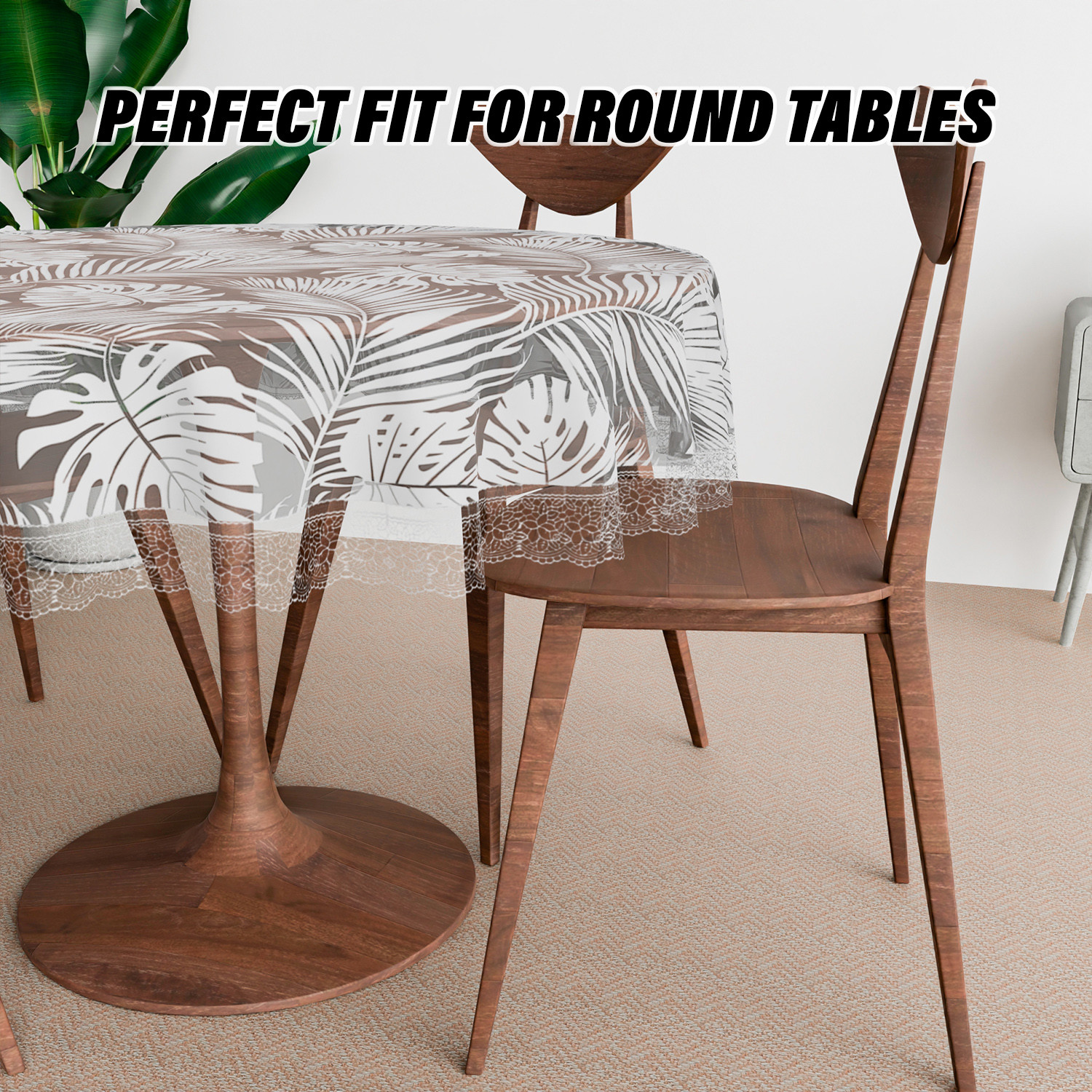 Kuber Industries Round Table Cover | PVC Table Cloth for Round Tables | 4 Seater Round Table Cloth | Self Leaf Kitchen Dining Tablecloth | Tabletop Cover | 60 Inch | White