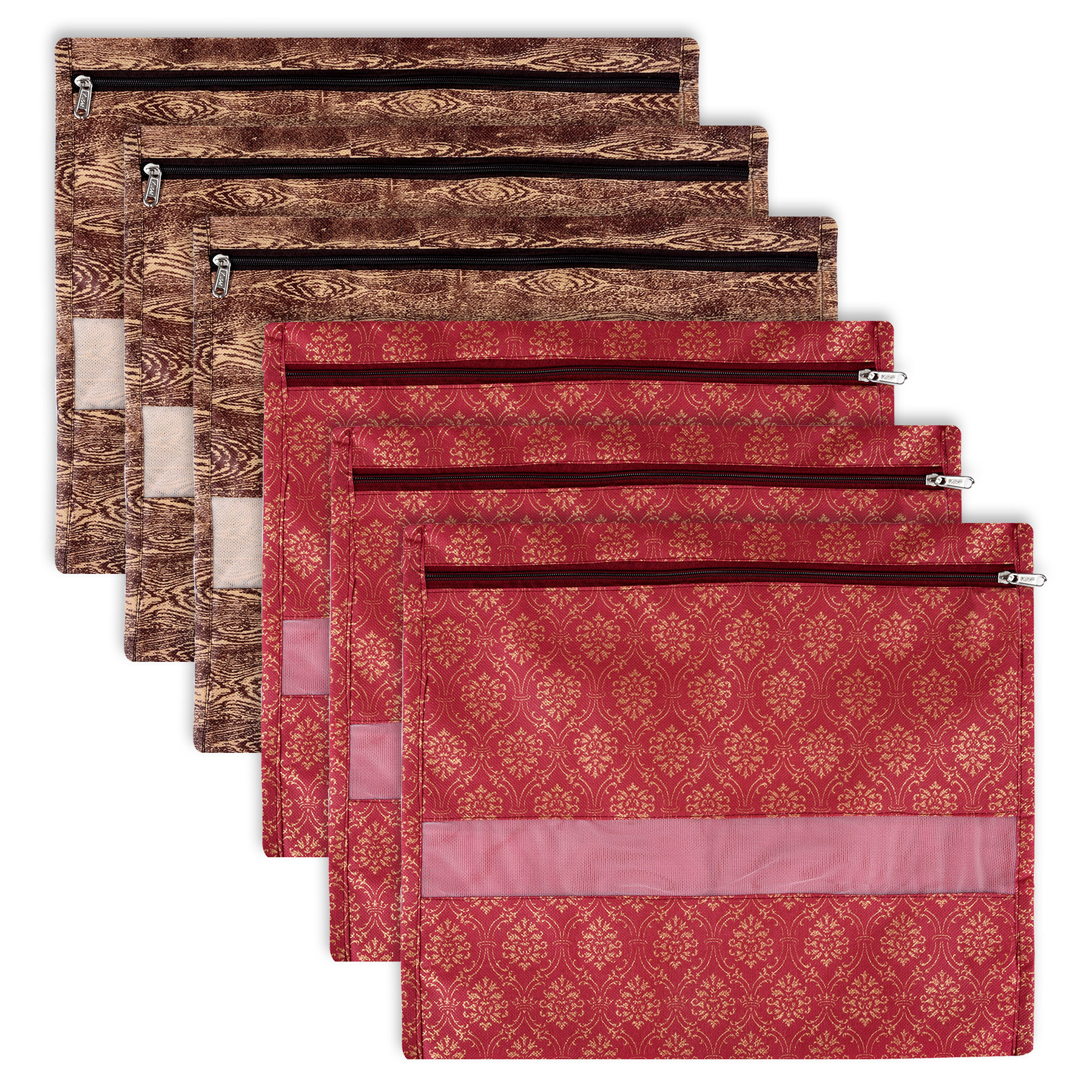 Kuber Industries Saree Bags | Clothes Bags for Storage | Non-Woven Wardrobe Organizer | Mesh Window Cloth Storage Bags Set | Single Packing Saree Bags | Printed | Brown & Maroon