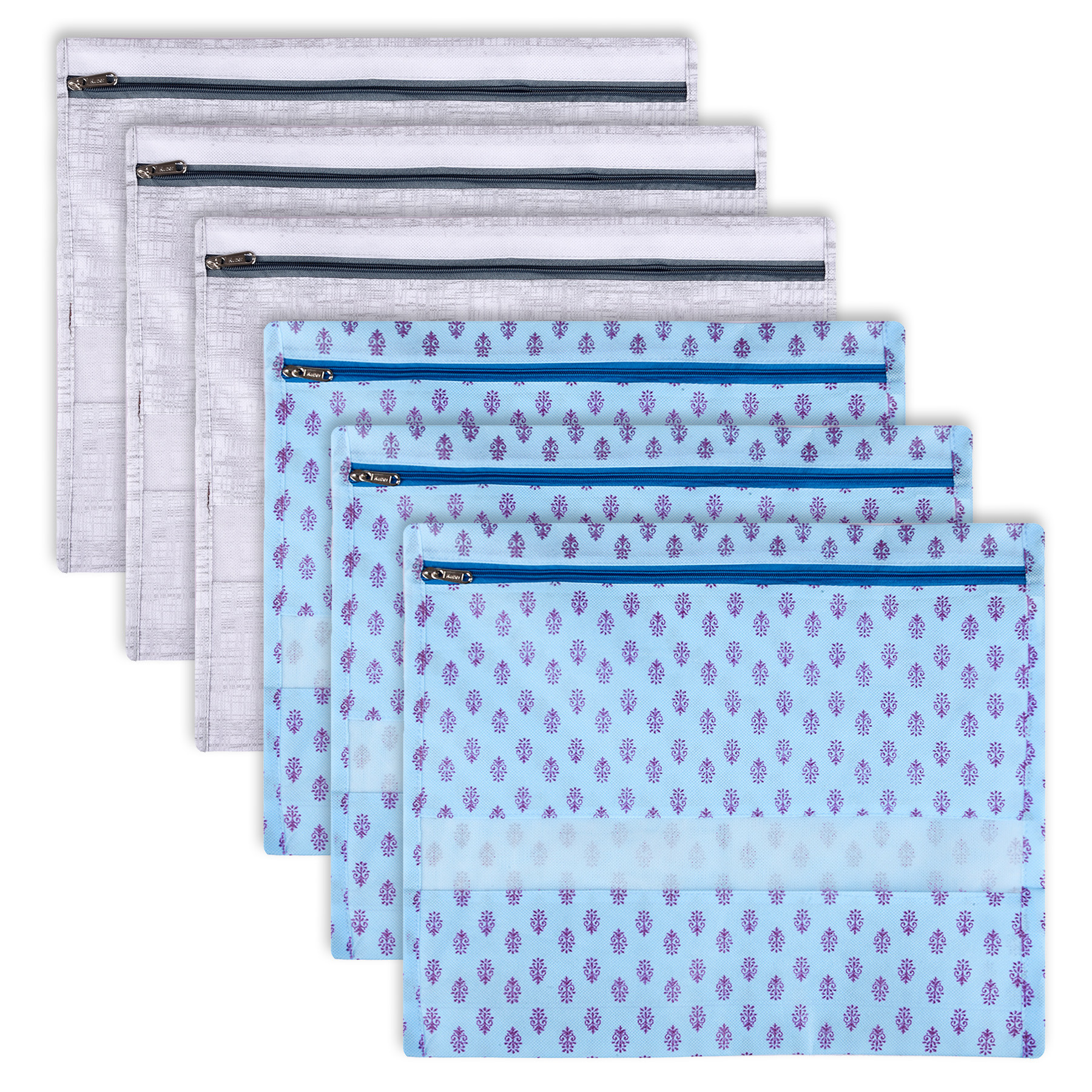 Kuber Industries Saree Bags | Clothes Bags for Storage | Non-Woven Wardrobe Organizer | Mesh Window Cloth Storage Bags Set | Single Packing Saree Bags | Printed | Gray & Sky Blue