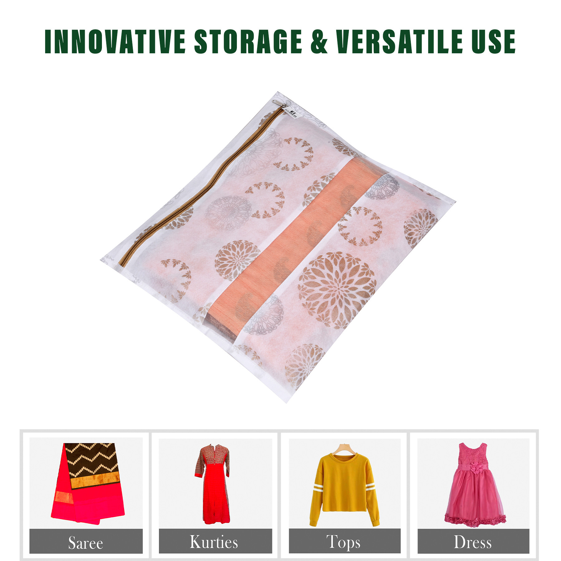 Kuber Industries Saree Bags | Clothes Bags for Storage | Non-Woven Wardrobe Organizer | Mesh Window Cloth Storage Bags Set | Single Packing Saree Bags | Printed | Gray & White