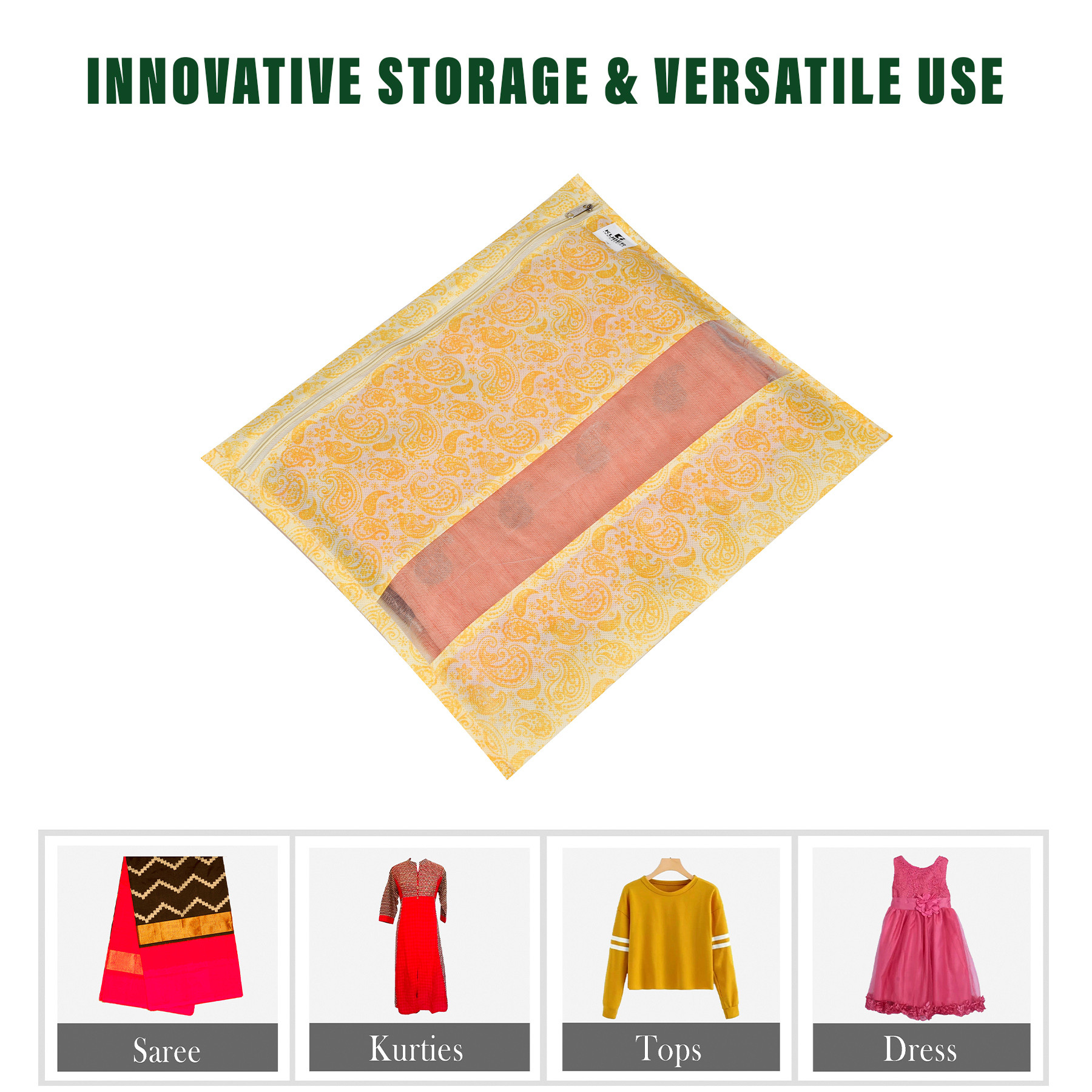 Kuber Industries Saree Bags | Clothes Bags for Storage | Non-Woven Wardrobe Organizer | Mesh Window Cloth Storage Bags Set | Single Packing Saree Bags | Printed | Gray & Yellow
