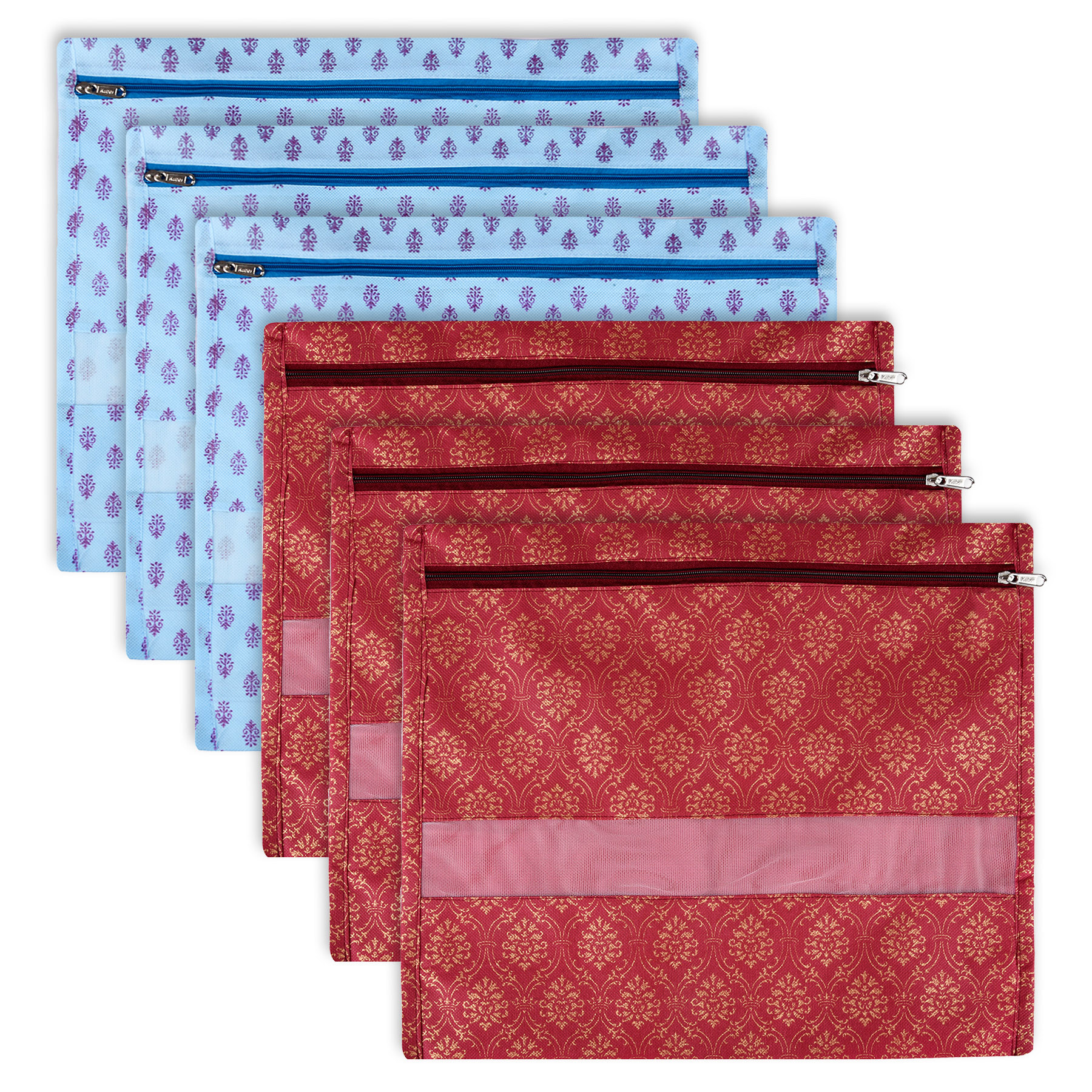 Kuber Industries Saree Bags | Clothes Bags for Storage | Non-Woven Wardrobe Organizer | Mesh Window Cloth Storage Bags Set | Single Packing Saree Bags | Printed | Sky Blue & Maroon