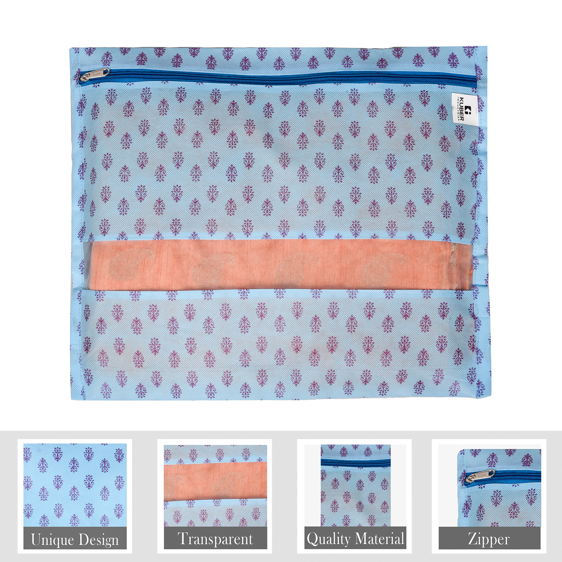Kuber Industries Saree Bags | Clothes Bags for Storage | Non-Woven Wardrobe Organizer | Mesh Window Cloth Storage Bags Set | Single Packing Saree Bags | Printed | Sky Blue & Maroon