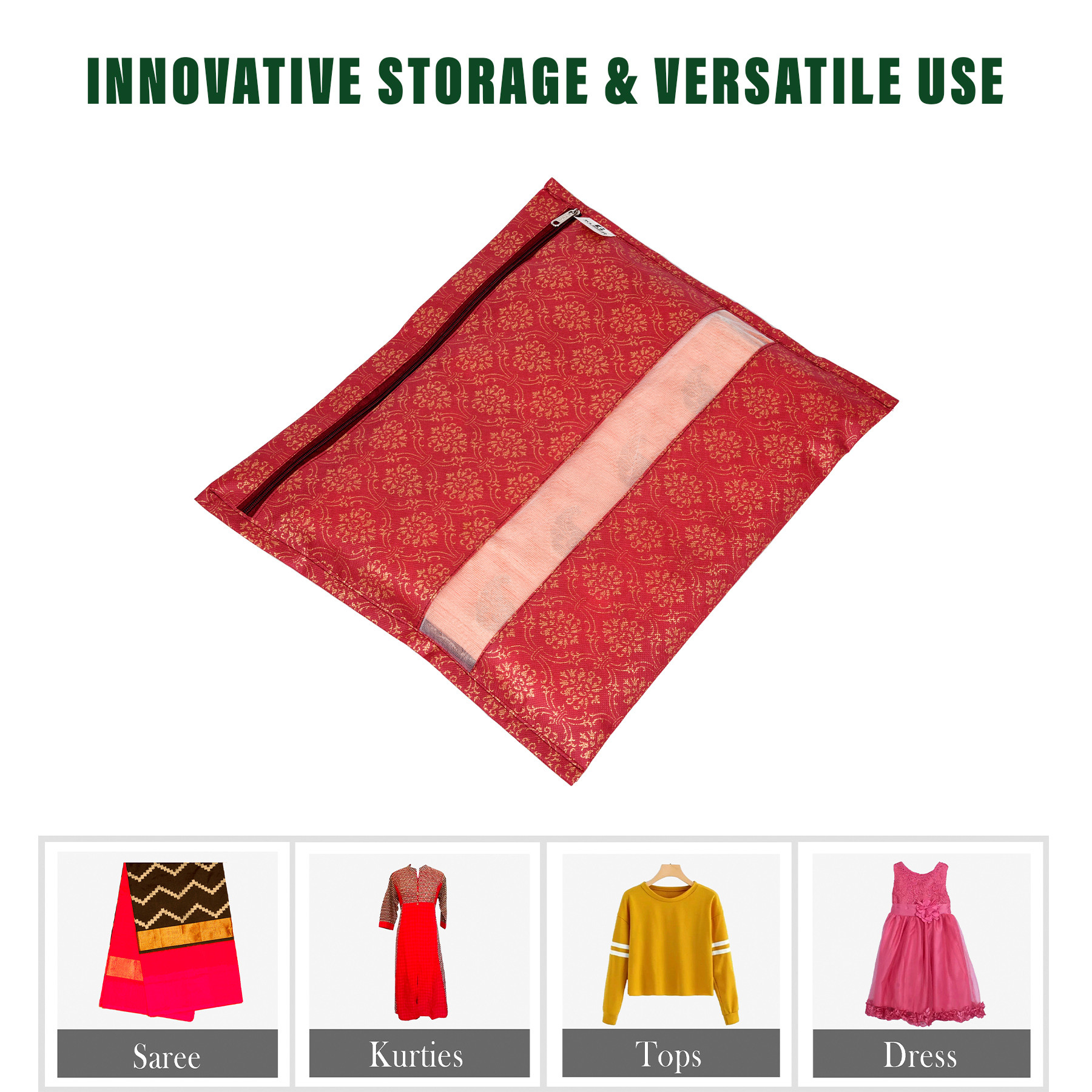 Kuber Industries Saree Bags | Clothes Bags for Storage | Non-Woven Wardrobe Organizer | Mesh Window Cloth Storage Bags Set | Single Packing Saree Bags | Printed | White & Maroon