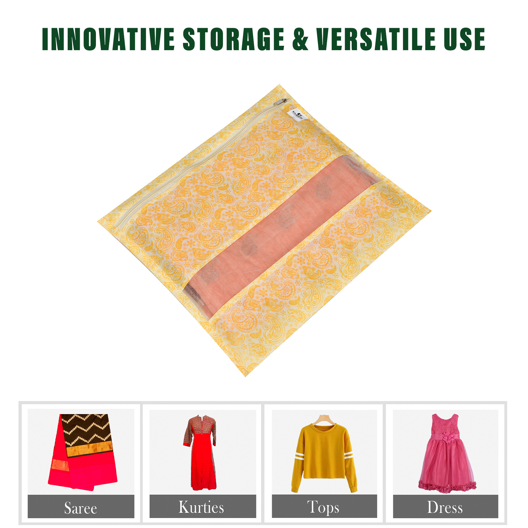 Kuber Industries Saree Bags | Clothes Bags for Storage | Non-Woven Wardrobe Organizer | Mesh Window Cloth Storage Bags Set | Single Packing Saree Bags | Printed | White & Yellow