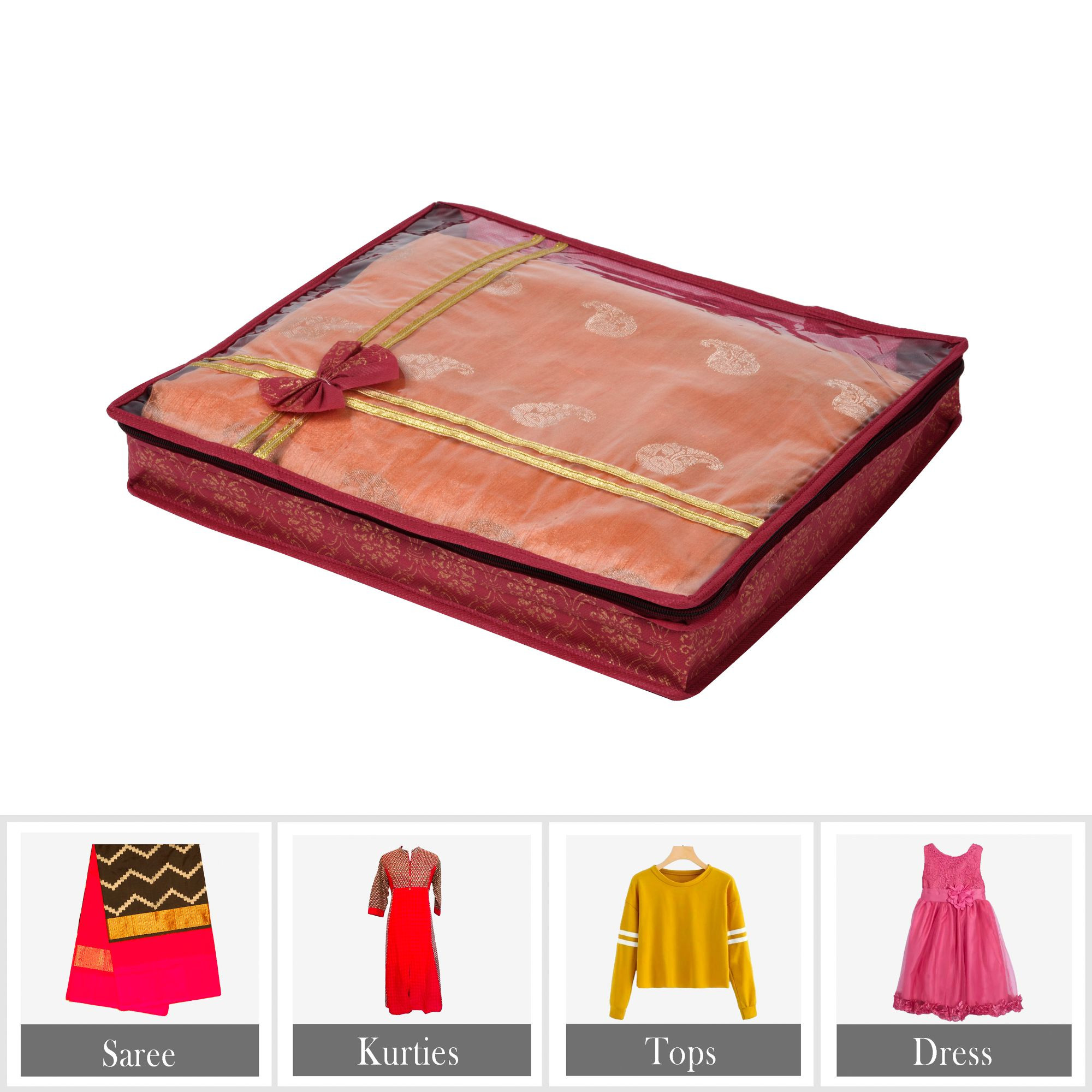 Kuber Industries Saree Storage Bag | Clothes Storage Bag | Wardrobe Storage Bag | Cloth Storage Organizer | Top Visible Window Saree Bag | Bow Golden Printed | 3 Inch |Maroon