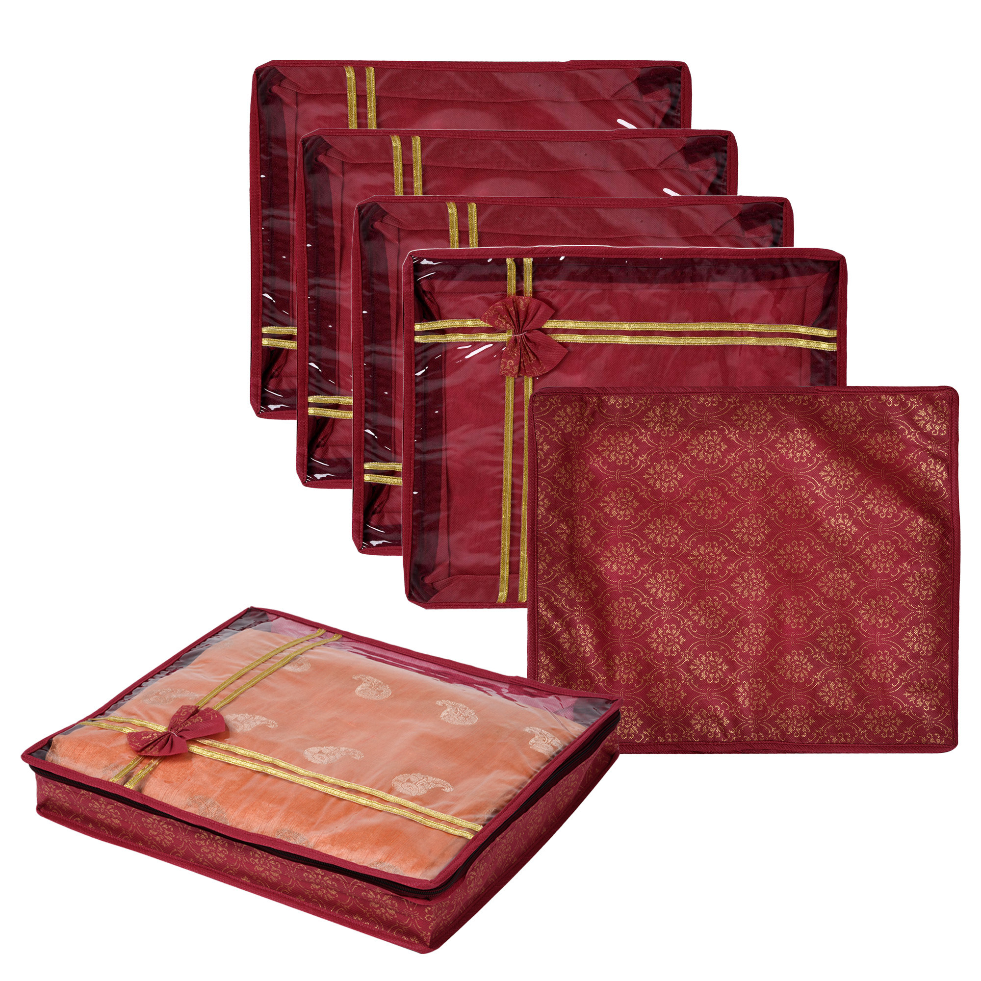 Kuber Industries Saree Storage Bag | Clothes Storage Bag | Wardrobe Storage Bag | Cloth Storage Organizer | Top Visible Window Saree Bag | Bow Golden Printed | 3 Inch |Maroon