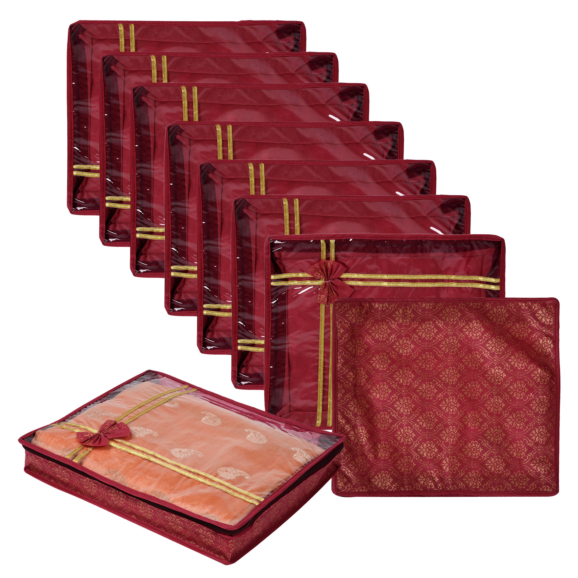 Kuber Industries Saree Storage Bag | Clothes Storage Bag | Wardrobe Storage Bag | Cloth Storage Organizer | Top Visible Window Saree Bag | Bow Golden Printed | 3 Inch |Maroon