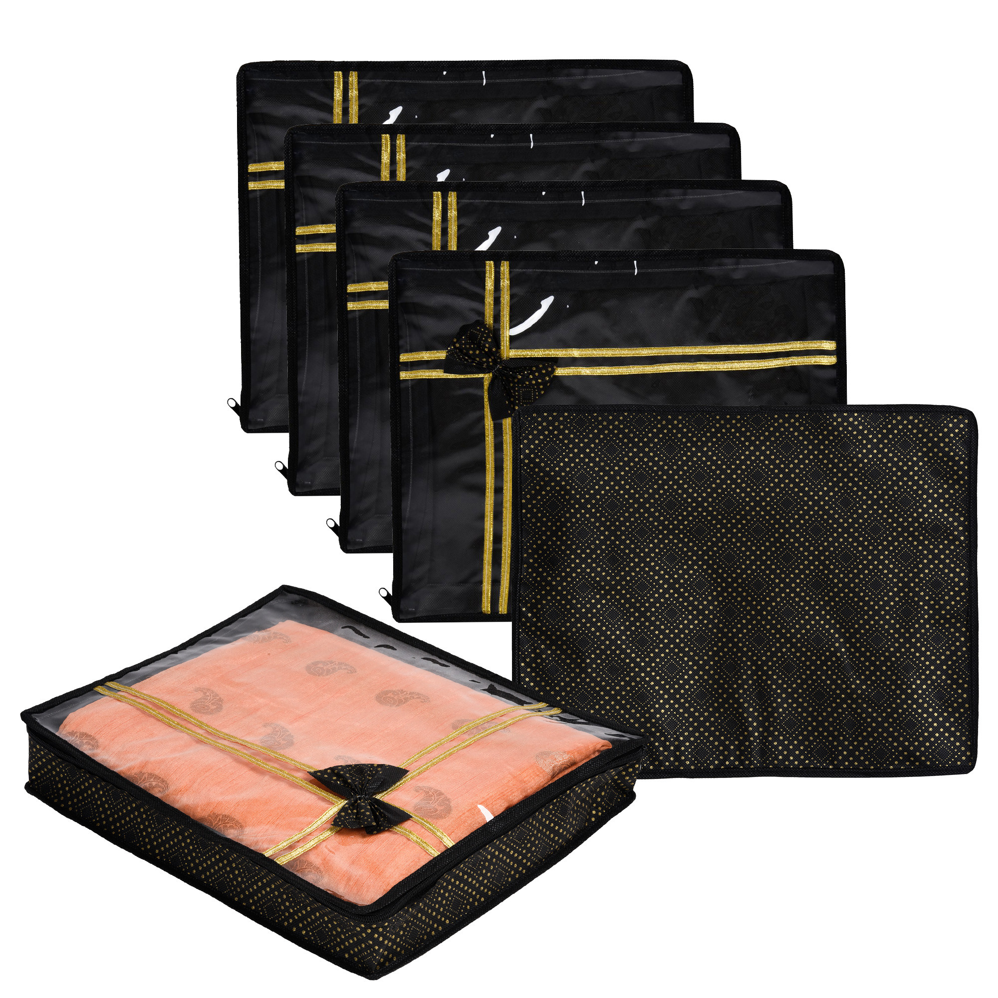 Kuber Industries Saree Storage Bag | Clothes Storage Bag | Wardrobe Storage Bag | Cloth Storage Organizer | Top Visible Window Saree Bag | Bow Golden Dot-Print | 3 Inch |Black