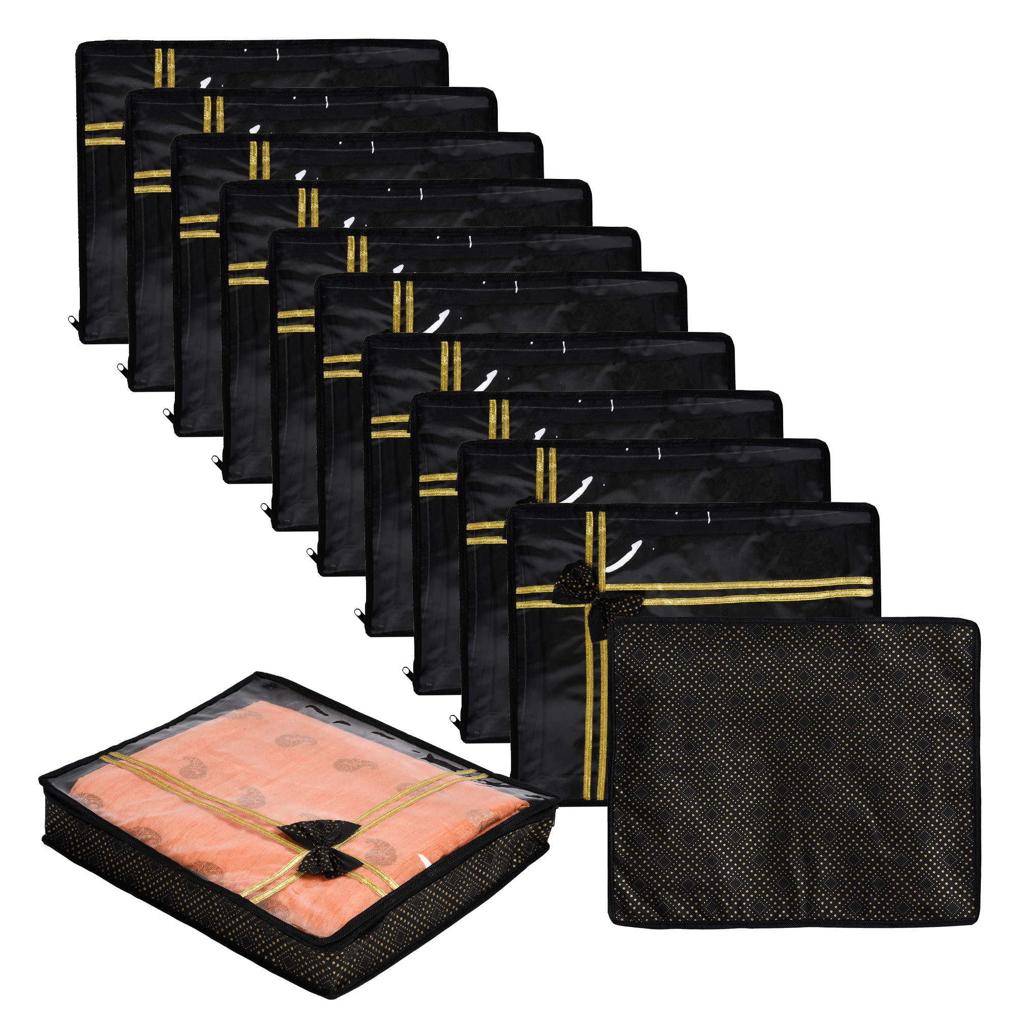 Kuber Industries Saree Storage Bag | Clothes Storage Bag | Wardrobe Storage Bag | Cloth Storage Organizer | Top Visible Window Saree Bag | Bow Golden Dot-Print | 3 Inch |Black