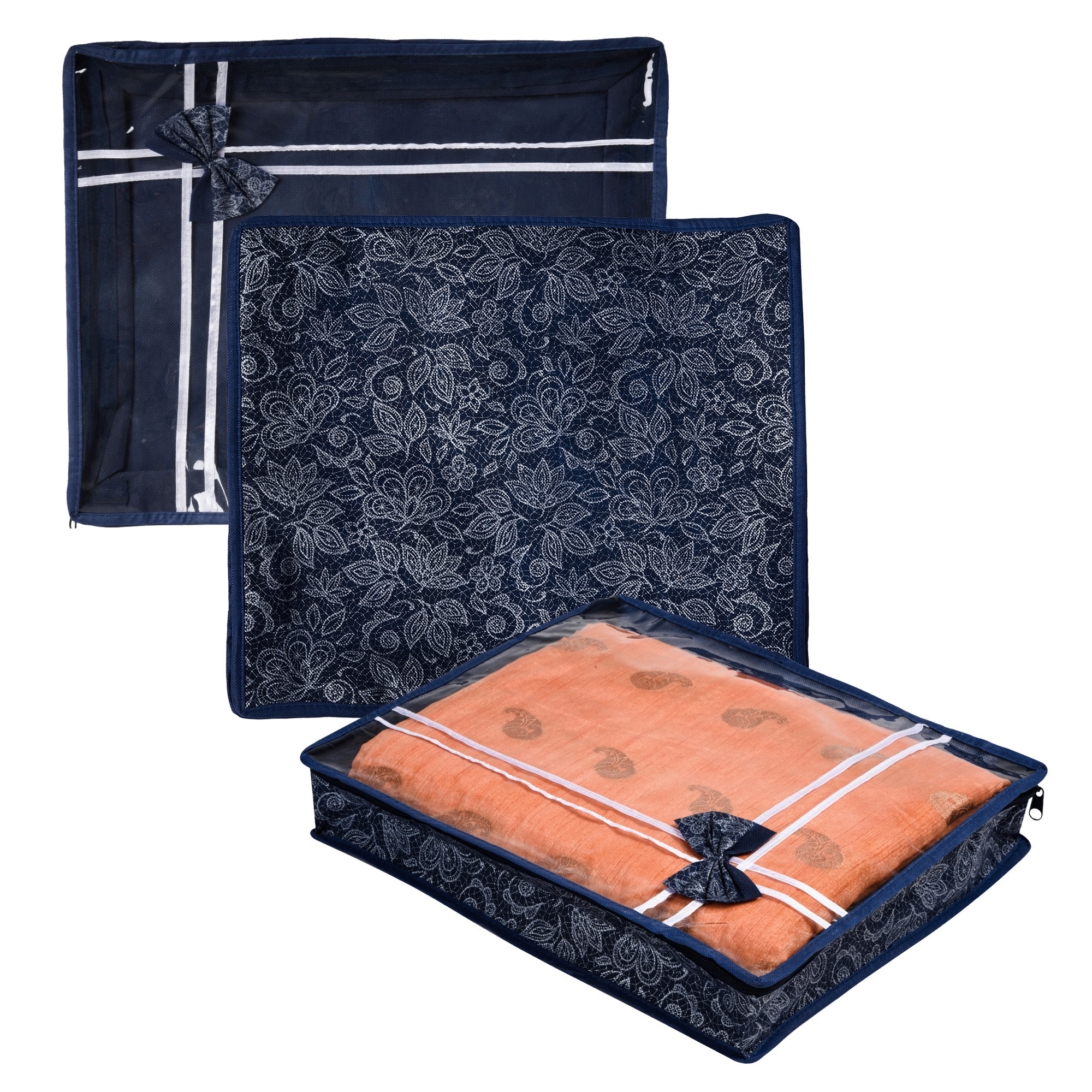 Kuber Industries Saree Storage Bag | Clothes Storage Bag | Wardrobe Storage Bag | Cloth Storage Organizer | Top Visible Window Saree Bag | Bow Flower-Printed | 3 Inch |Navy Blue