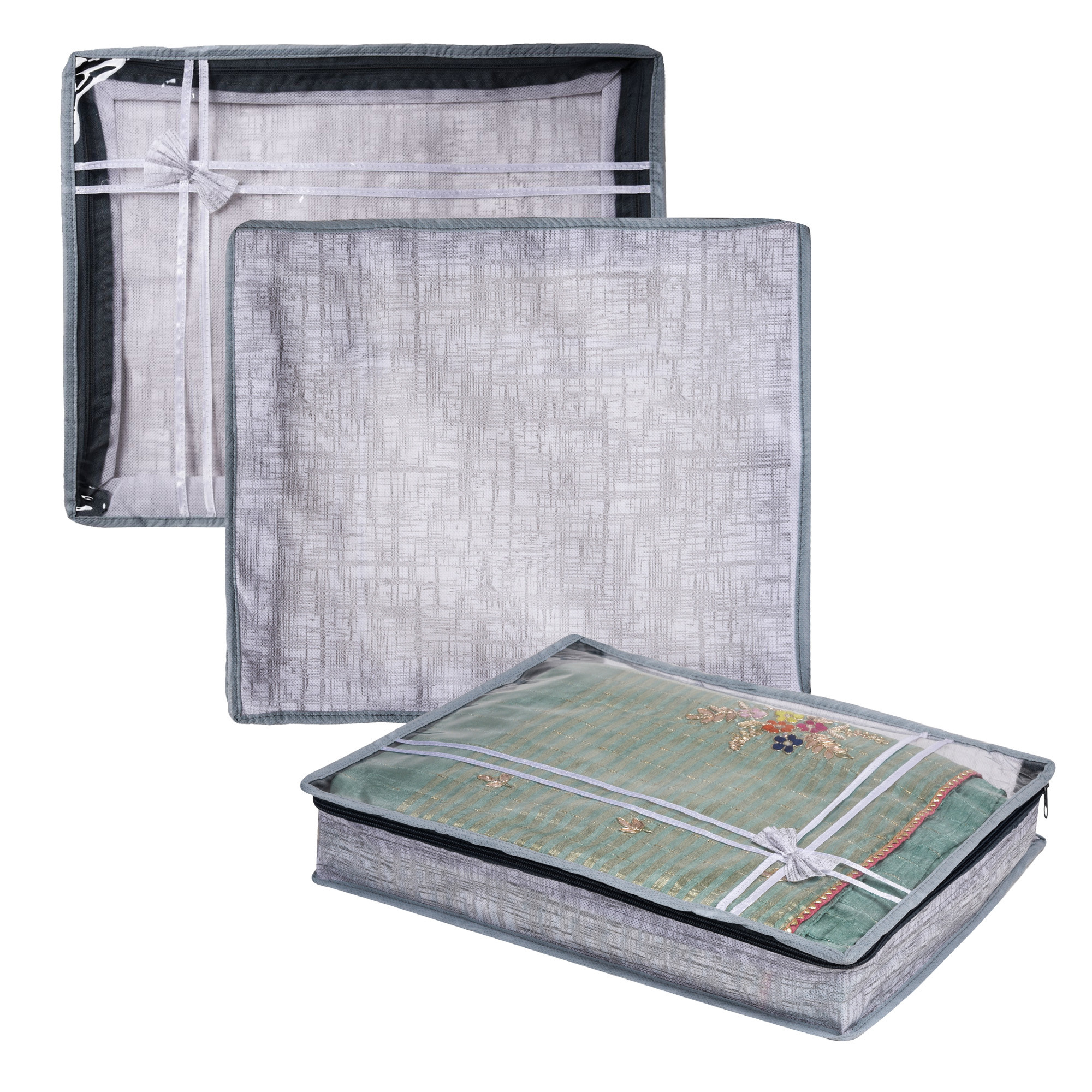 Kuber Industries Saree Storage Bag | Clothes Storage Bag | Wardrobe Storage Bag | Cloth Storage Organizer | Top Visible Window Saree Bag | Bow Jute-Printed | 3 Inch |Gray
