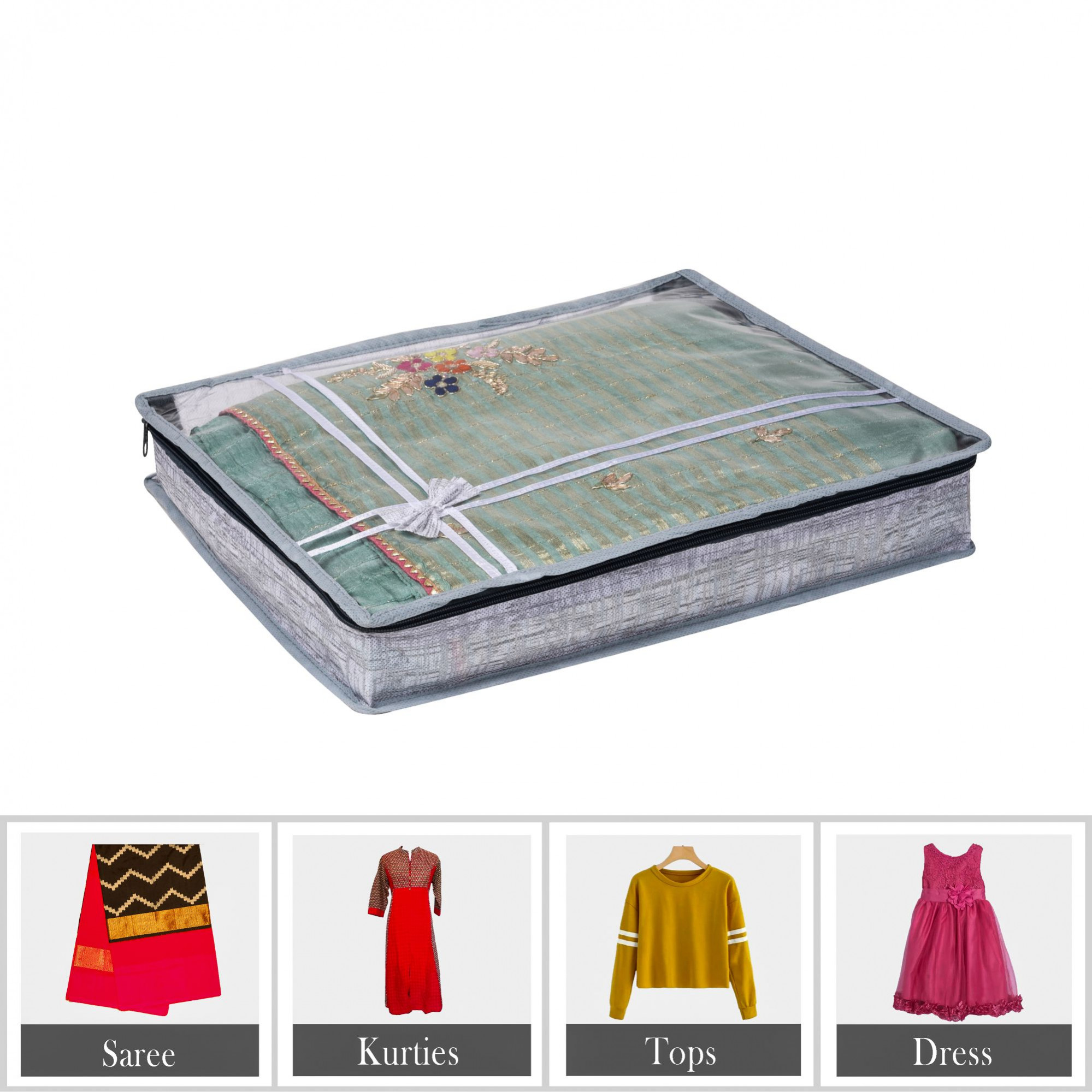 Kuber Industries Saree Storage Bag | Clothes Storage Bag | Wardrobe Storage Bag | Cloth Storage Organizer | Top Visible Window Saree Bag | Bow Jute-Printed | 3 Inch |Gray