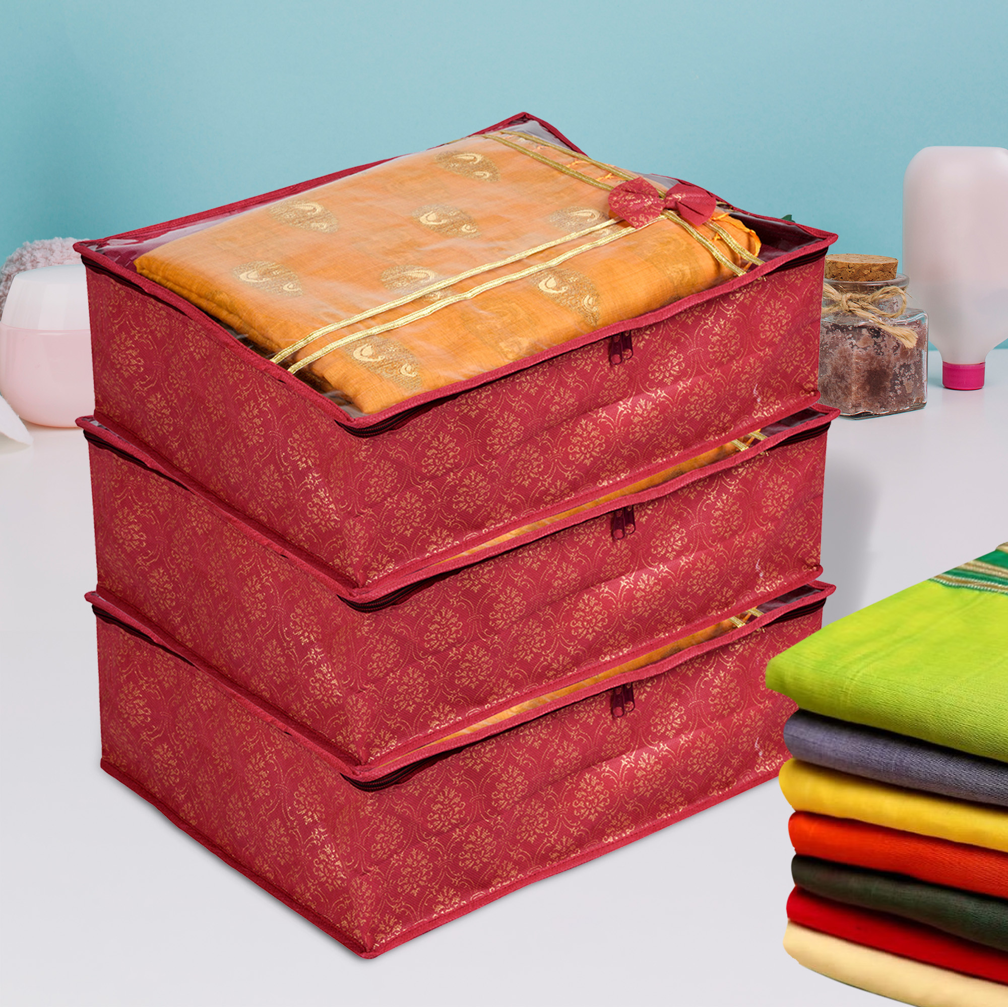 Kuber Industries Saree Storage Bag | Clothes Storage Bag | Wardrobe Storage Bag | Cloth Storage Organizer | Top Visible Window Saree Bag | Bow Golden Printed | 6 Inch |Maroon