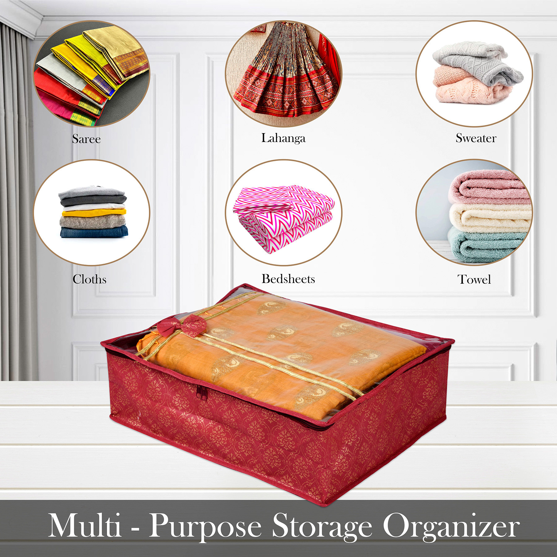 Kuber Industries Saree Storage Bag | Clothes Storage Bag | Wardrobe Storage Bag | Cloth Storage Organizer | Top Visible Window Saree Bag | Bow Golden Printed | 6 Inch |Maroon