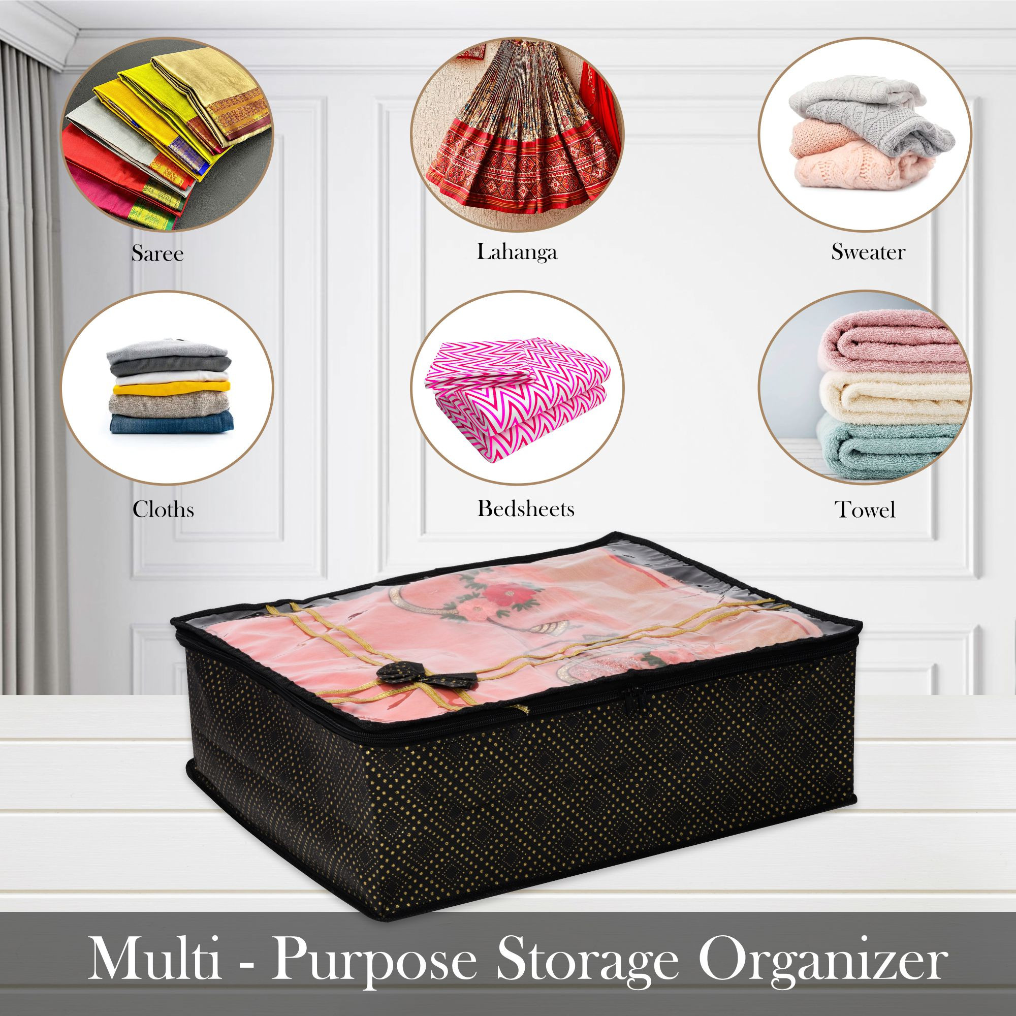 Kuber Industries Saree Storage Bag | Clothes Storage Bag | Wardrobe Storage Bag | Cloth Storage Organizer | Top Visible Window Saree Bag | Bow Golden Dot | 6 Inch |Black
