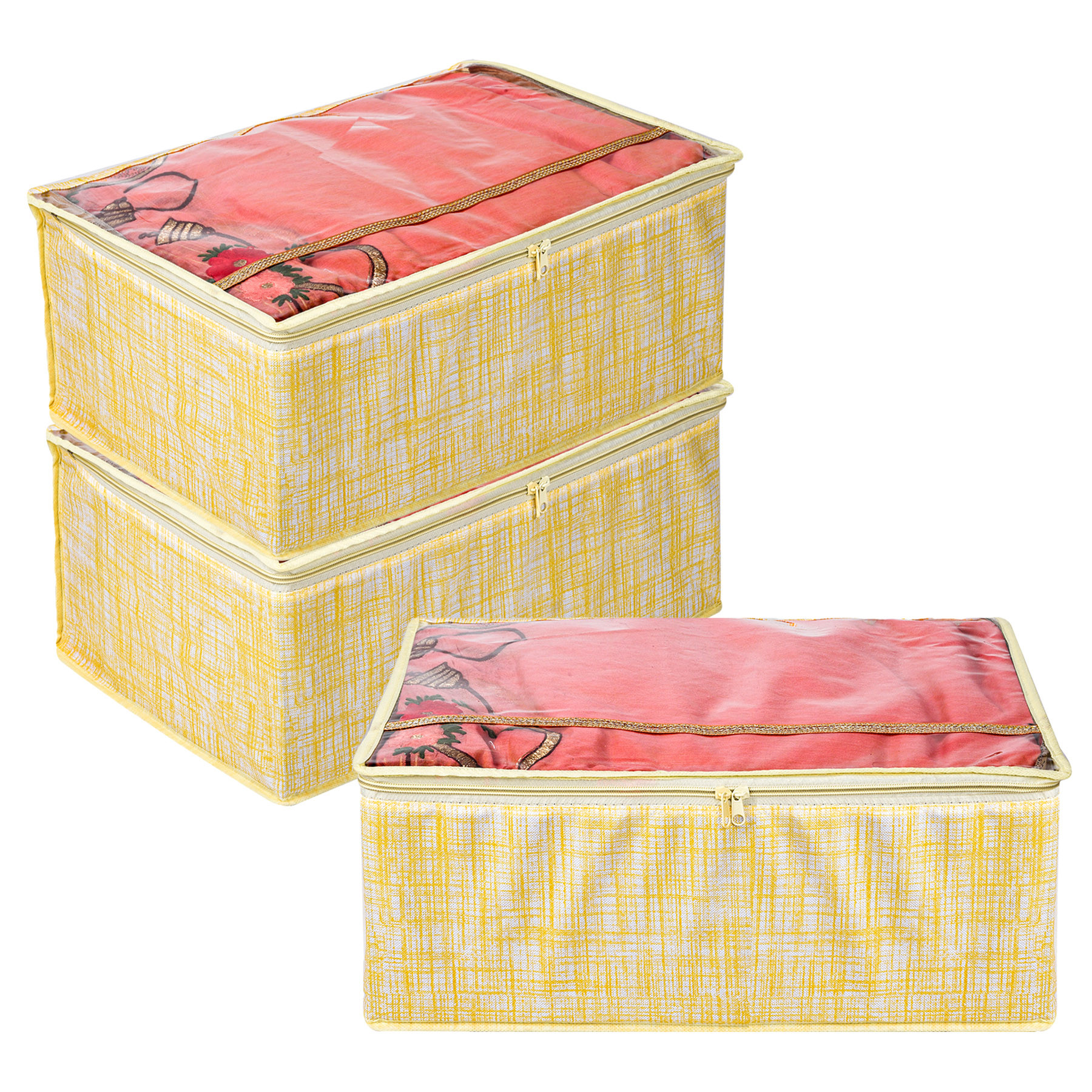 Kuber Industries Saree Storage Bag | Clothes Storage Bag | Wardrobe Storage Bag | Cloth Storage Organizer | Top Visible Window Saree Bag | Jute-Printed | 9 Inch |Yellow