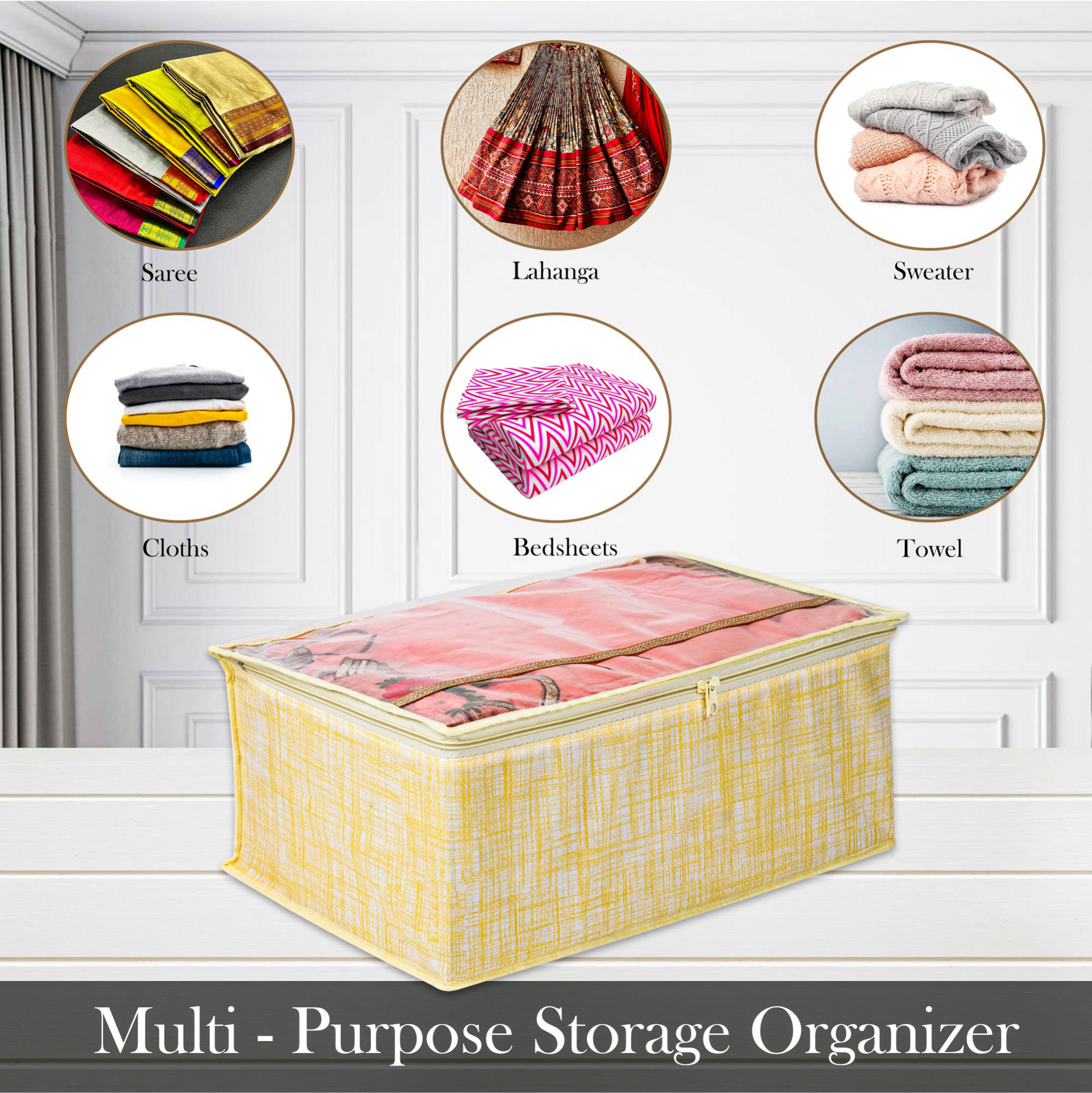 Kuber Industries Saree Storage Bag | Clothes Storage Bag | Wardrobe Storage Bag | Cloth Storage Organizer | Top Visible Window Saree Bag | Jute-Printed | 9 Inch |Yellow