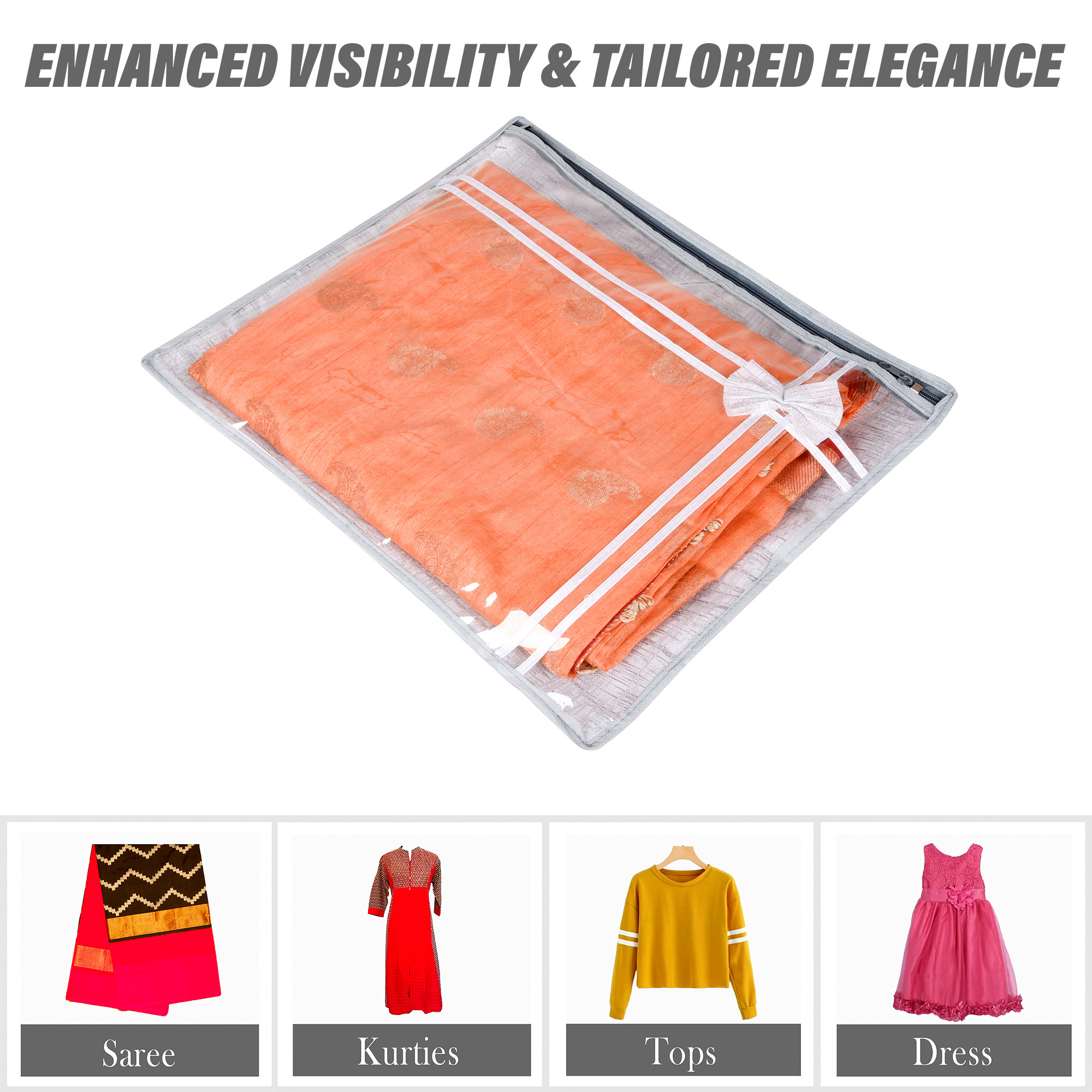 Kuber Industries Saree Storage Bag | Clothes Storage Bag | Wardrobe Storage Bag | Single Packing Cloth Storage Bag | Bow-Top Visible Window Bag | Jute Printed | Gray
