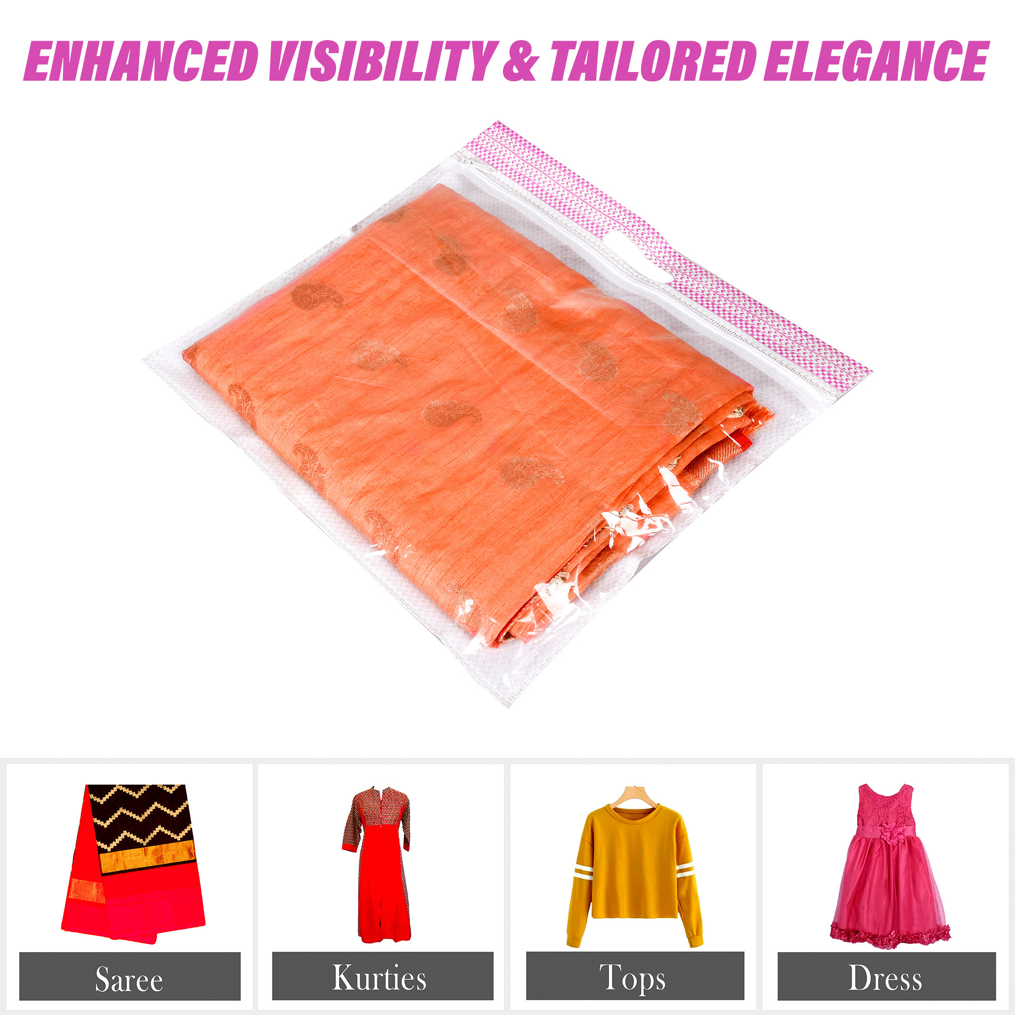 Kuber Industries Saree Storage Bag | Clothes Storage Bag | Wardrobe Storage Bag | Single Packing Cloth Storage Bag | Top Visible Window Saree Bag | Handle Saree Cover | Pink