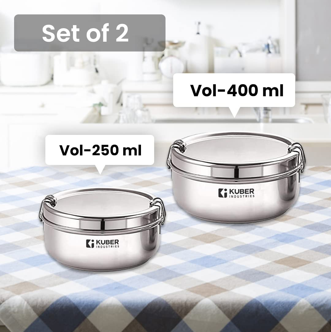 Kuber Industries Set of 2 Stainless Steel Food Pack Lunch Box with Locking ClipI 250 ml and 400 ml I Clip Tiffin Box I Office Home School Tiffin Dabba