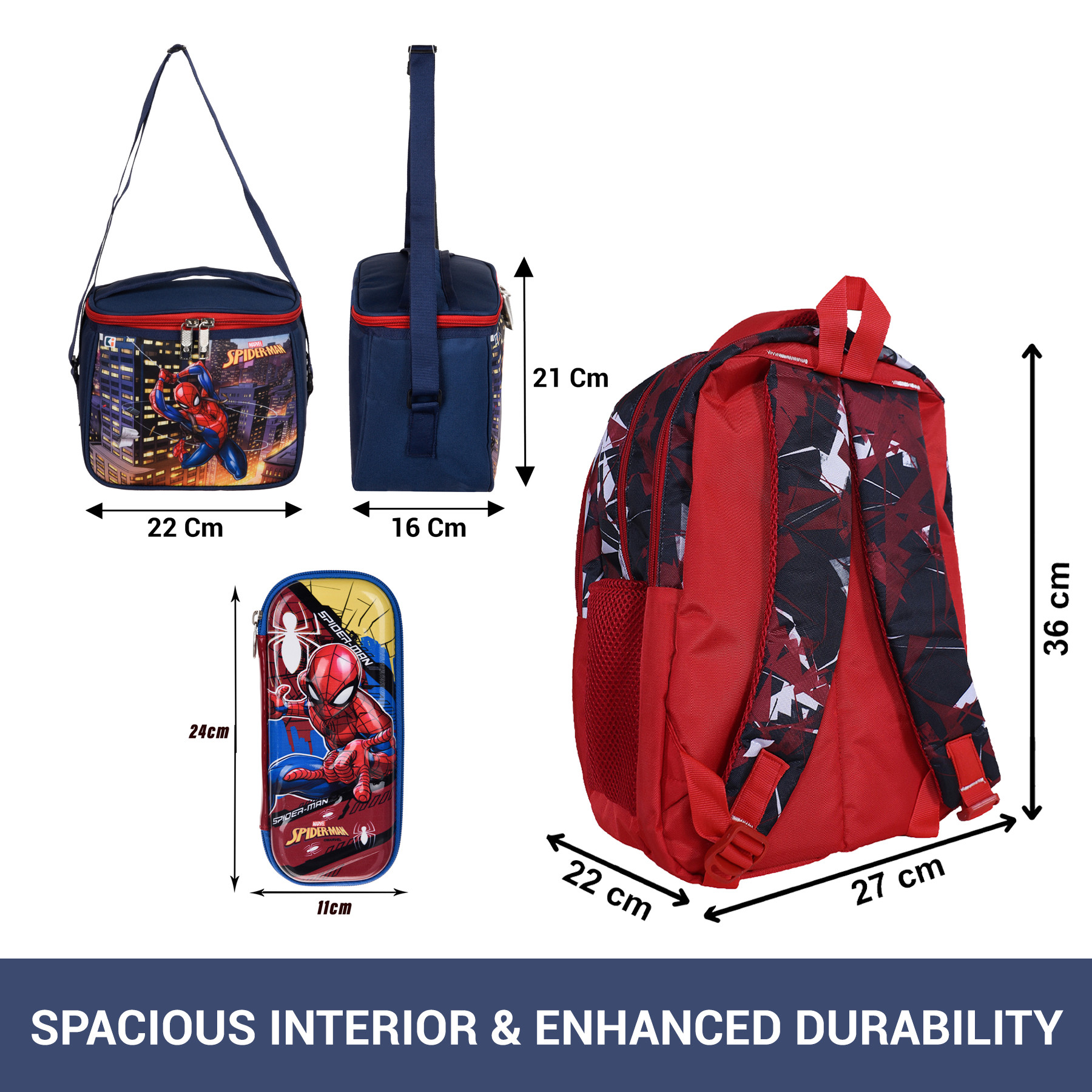 Kuber Industries Set of 3 School Bag-Lunch Bag & Geometry Box Combo Set | Kids & Childrens 3 in 1 School Bags Set | Bag with Lunch Bag & Pencil Pouch Set | Marvel Spider-Man | Multicolor