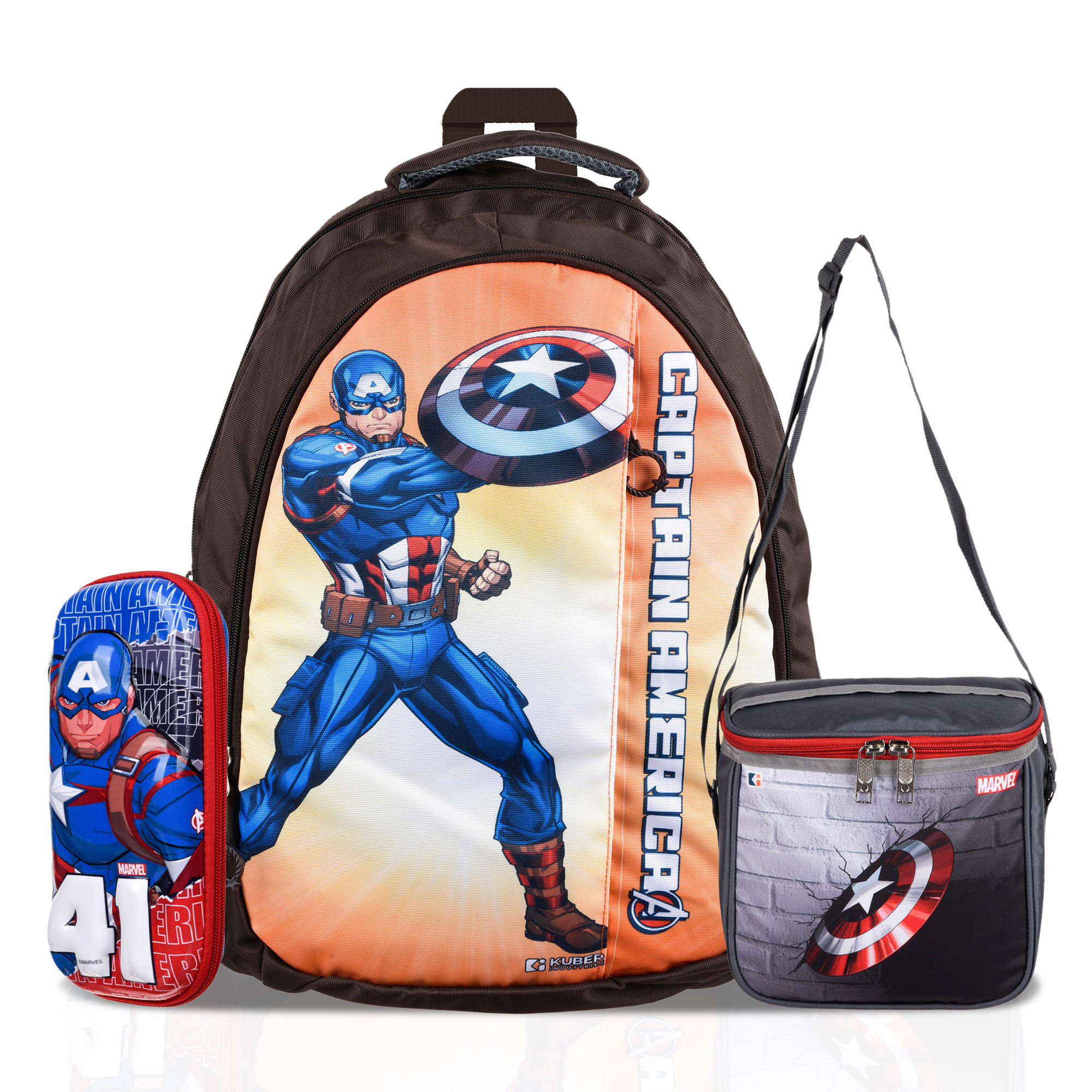 Kuber Industries Set of 3 School Bag-Lunch Bag & Geometry Box Combo Set | Kids & Childrens 3 in 1 School Bags Set | Bag with Lunch Bag & Pencil Pouch Set | Marvel Captain America | Multicolor