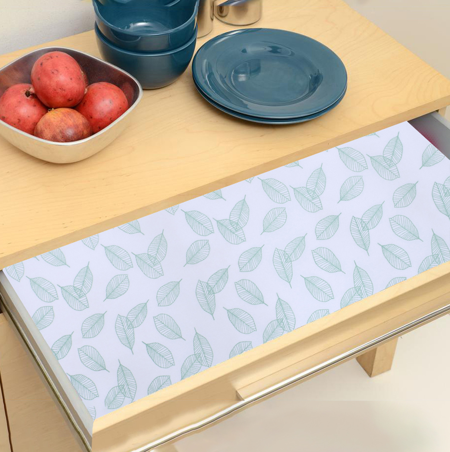 Kuber Industries Shelf Liner | EVA Kitchen Cabinet Shelf Mat | Anti-Slip Bathroom Mat | Fridge Mat | Table Mat | Green Leaf Print Wardrobe Mat | 1.5 Meter | White