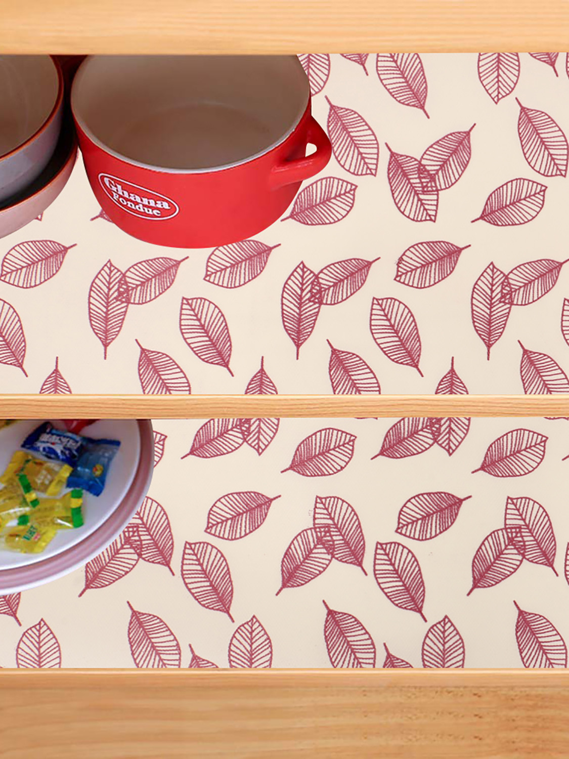 Kuber Industries Shelf Liner | EVA Kitchen Cabinet Shelf Mat | Anti-Slip Bathroom Mat | Fridge Mat | Table Mat | Pink Leaf Wardrobe Mat | 10 Meter | Cream