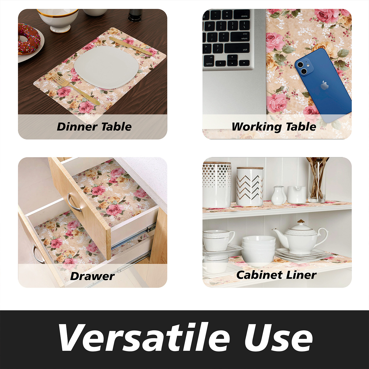 Kuber Industries Shelf Liner | PVC Kitchen Cabinet Shelf Mat | Shelf Mat for Drawer Organizer | Fridge Mat | Table Placemat | Flower Design Wardrobe Mat | 10 Meter | Beige