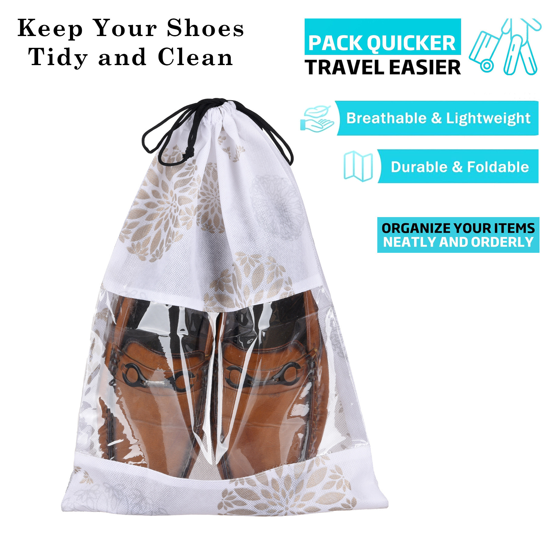 Kuber Industries Shoe Bags | Shoe Bags for Travel | Drawstring Shoe Storage Bags | Storage Organizers Set | Shoe Cover with Transparent Window | Shoe Pouches | Gola-Print |White
