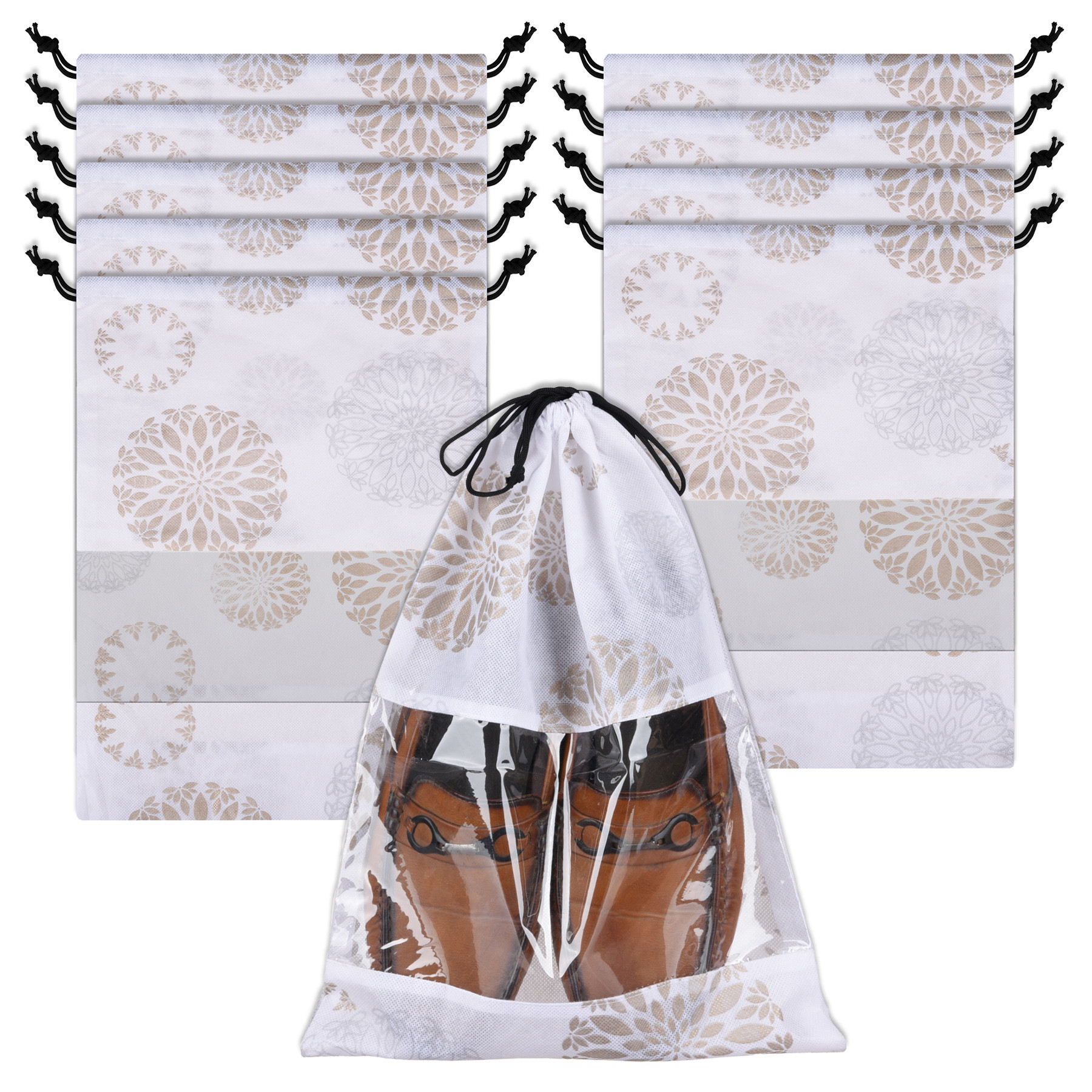 Kuber Industries Shoe Bags | Shoe Bags for Travel | Drawstring Shoe Storage Bags | Storage Organizers Set | Shoe Cover with Transparent Window | Shoe Pouches | Gola-Print |White