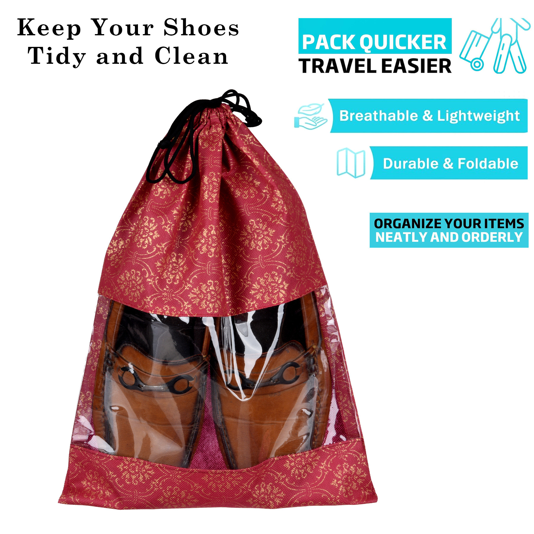 Kuber Industries Shoe Bags | Shoe Bags for Travel | Drawstring Shoe Storage Bags | Storage Organizers Set | Shoe Cover with Transparent Window | Shoe Pouches | Golden-Print |Maroon