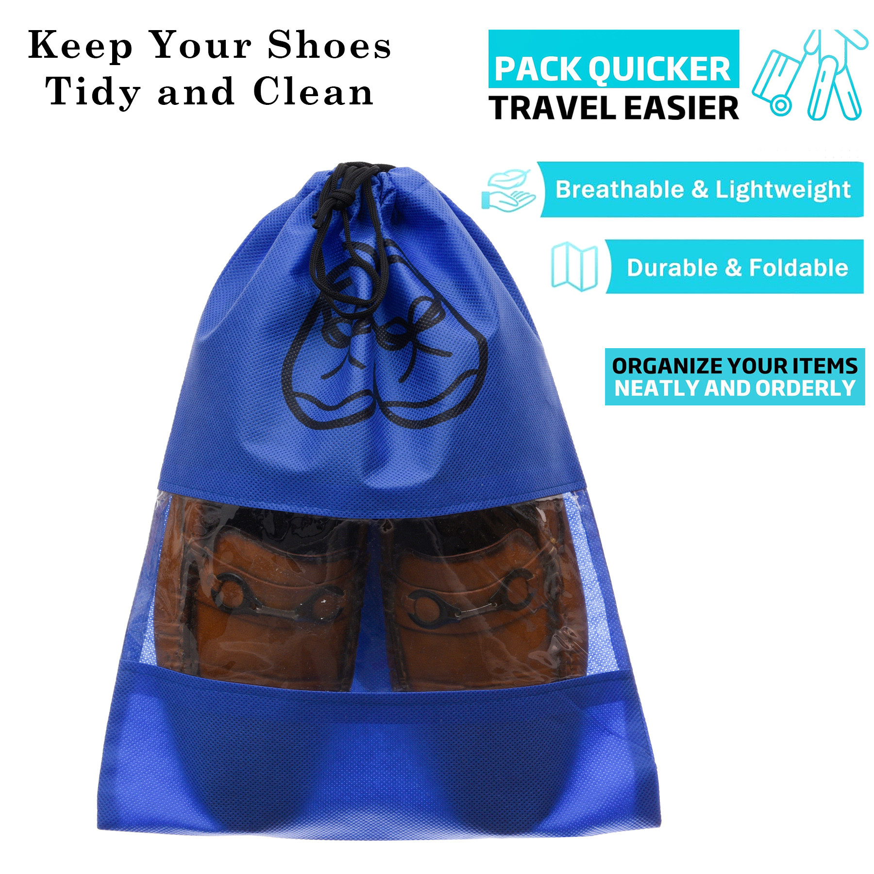 Kuber Industries Shoe Cover | Travel Shoe Storage Bags | Non-Woven Storage Bag | Shoe Cover with Drawstring | Shoe Organizer with Clear window | Plain |Blue