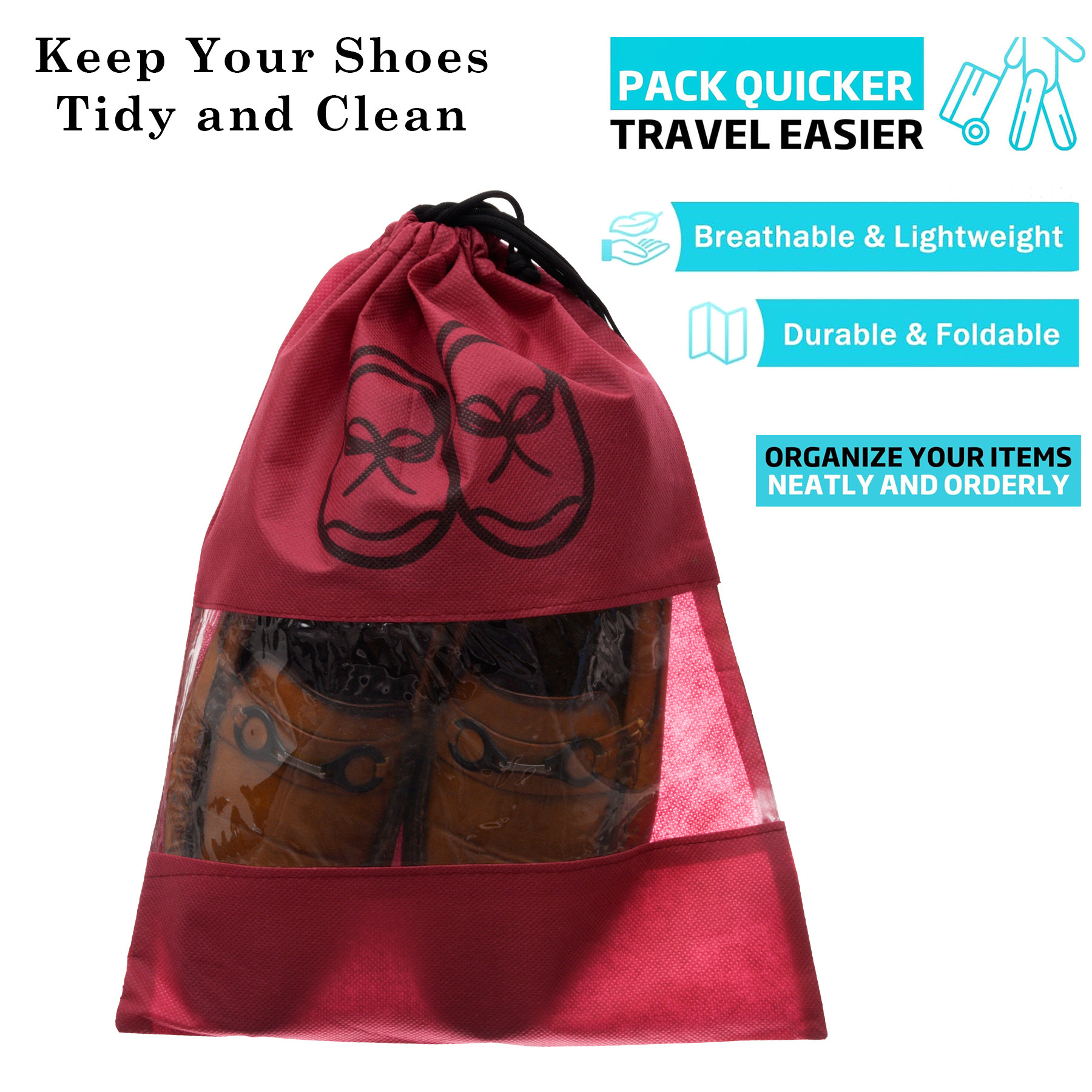 Kuber Industries Shoe Cover | Travel Shoe Storage Bags | Non-Woven Storage Bag | Shoe Cover with Drawstring | Shoe Organizer with Clear window | Plain |Maroon