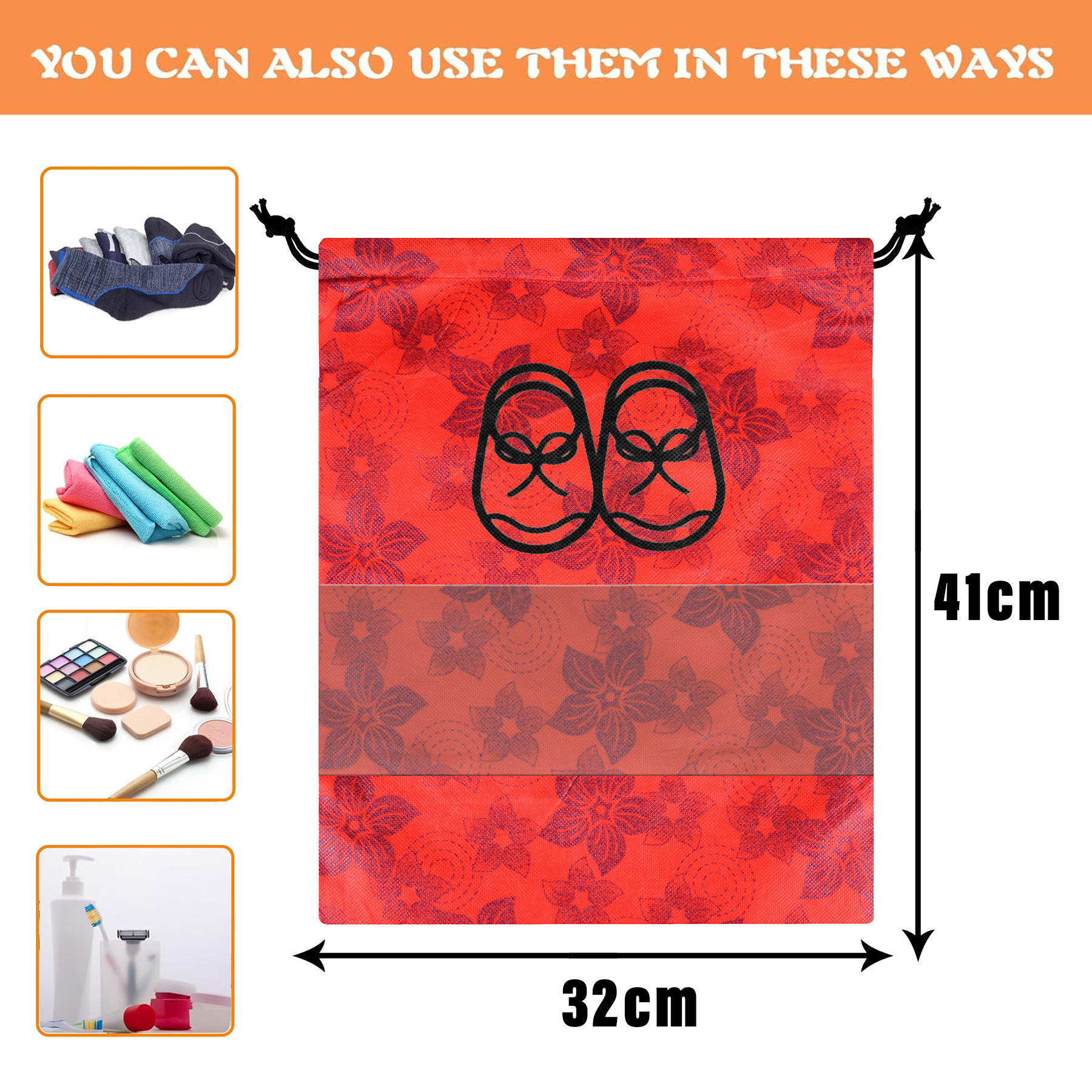 Kuber Industries Shoe Cover | Travel Shoe Storage Bags | Non-Woven Storage Bags | Shoe Cover with Drawstring | Shoe Organizer with Clear window | Flower-Design | Pack of 6 | Red